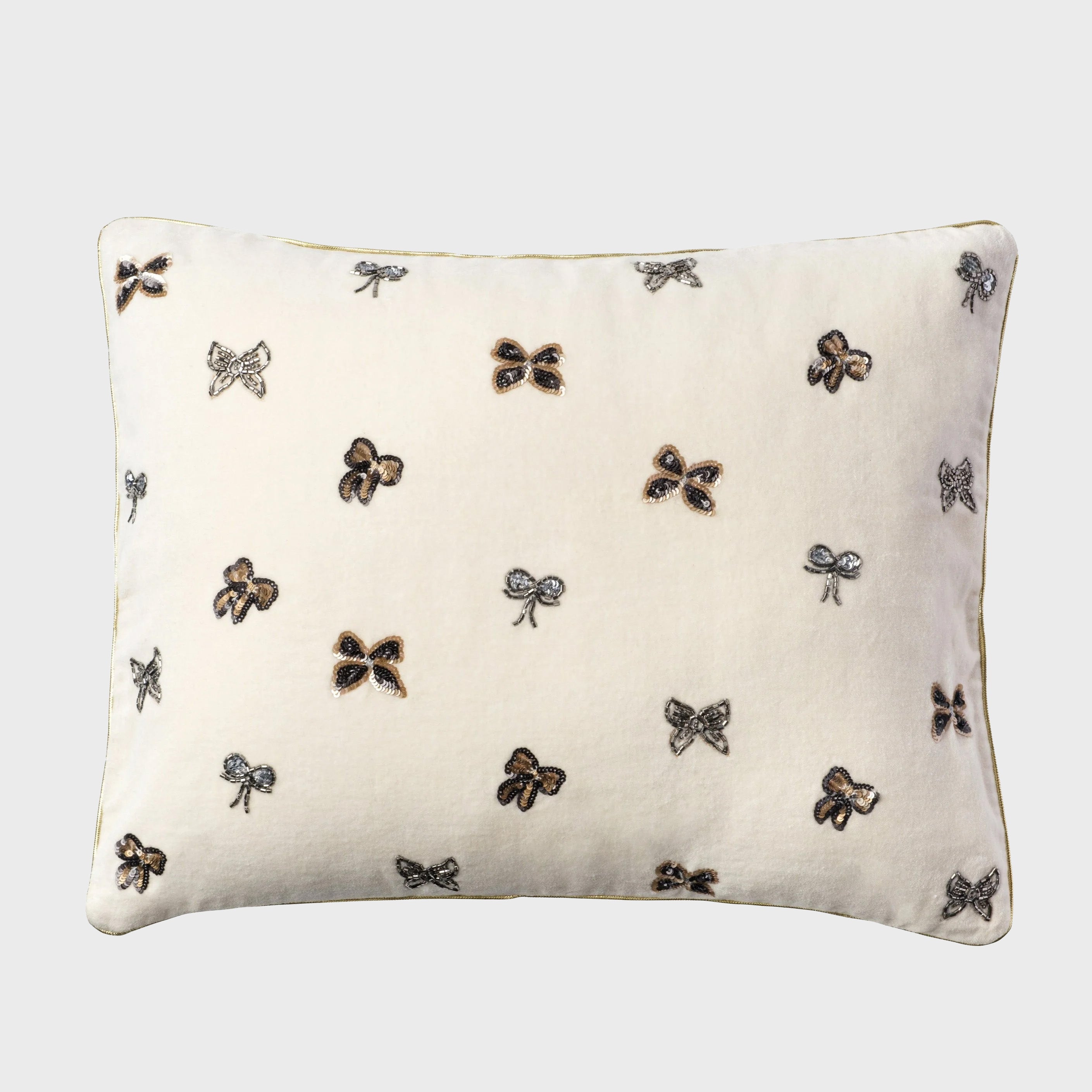 Embroidered bow pillow, cream cotton velvet