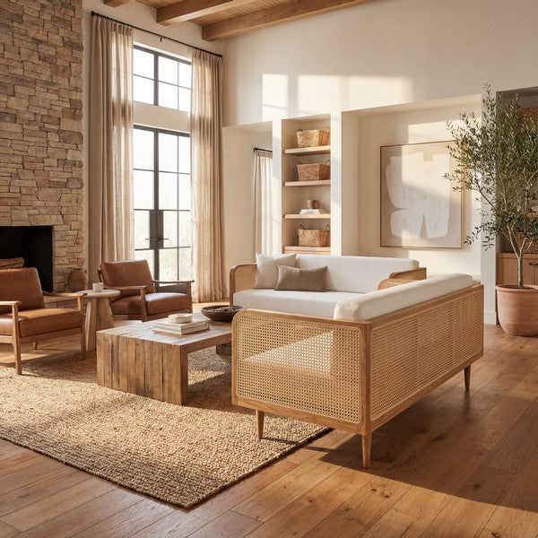 Petroski French Rattan Sofa in Natural with White Cushion