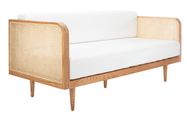 Petroski French Rattan Sofa in Natural with White Cushion