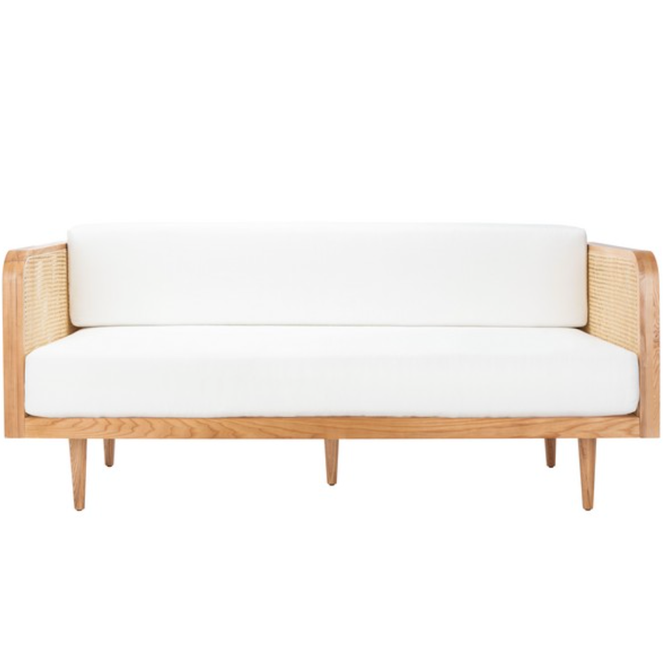 Petroski French Rattan Sofa in Natural with White Cushion