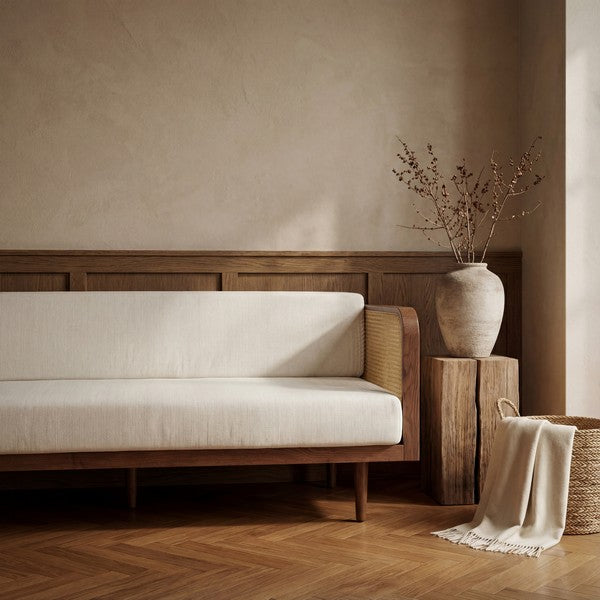 Petroski French Rattan Sofa in Walnut & Natural with White Cushion