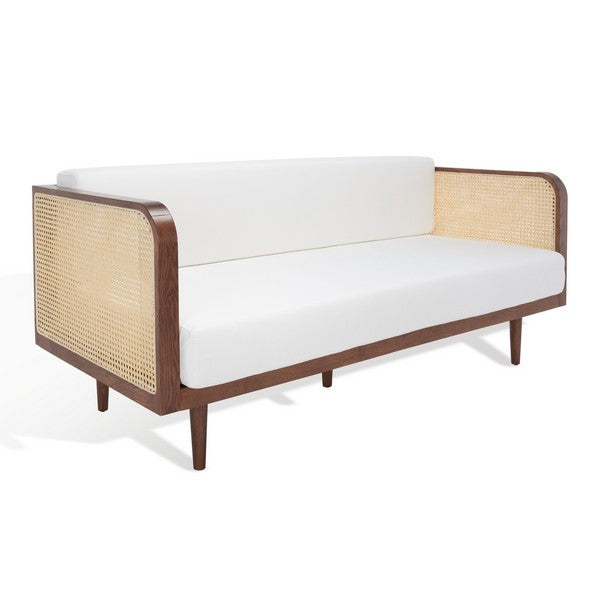 Petroski French Rattan Sofa in Walnut & Natural with White Cushion