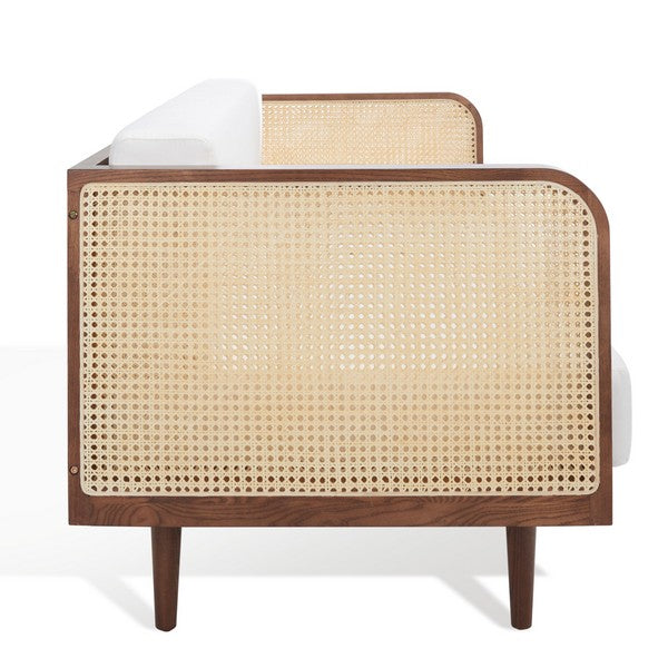 Petroski French Rattan Sofa in Walnut & Natural with White Cushion