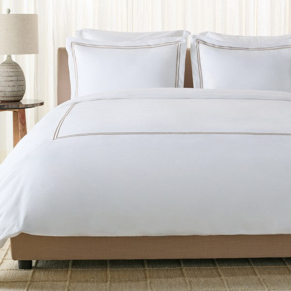 Duvet Cover Set in White with Golden Taupe Embroidered Lines (3 Pieces)