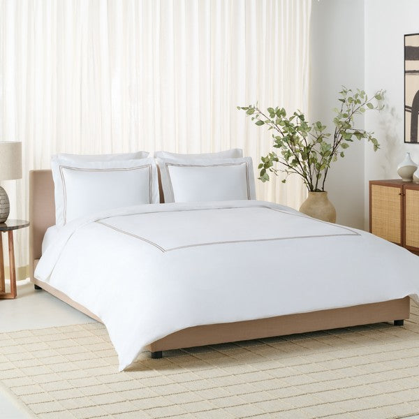 Duvet Cover Set in White with Golden Taupe Embroidered Lines (3 Pieces)