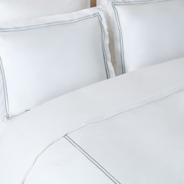 Duvet Cover Set in White with Mist Blue Embroidered Lines (3 Pieces)