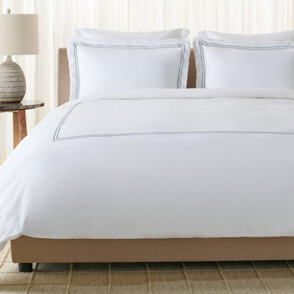 Duvet Cover Set in White with Mist Blue Embroidered Lines (3 Pieces)