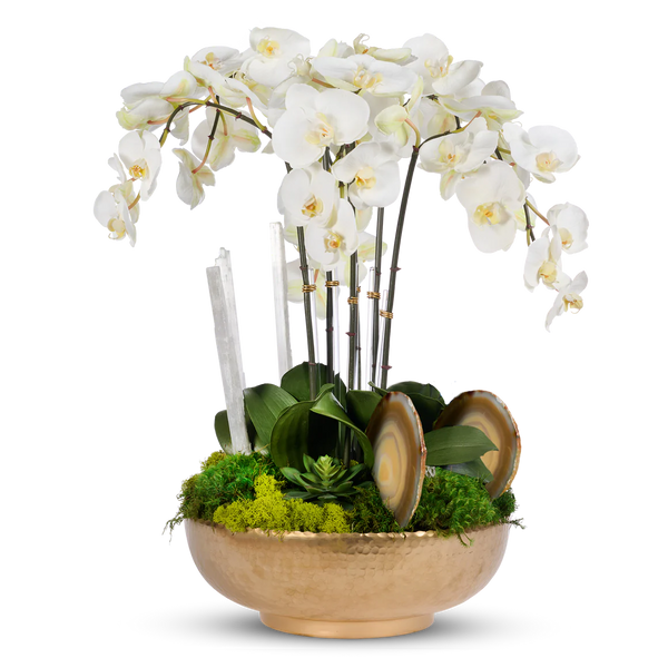 White Orchids in Gold Hammered Metal Bowl with Selenite & Agate Slabs - The Mayfair Hall