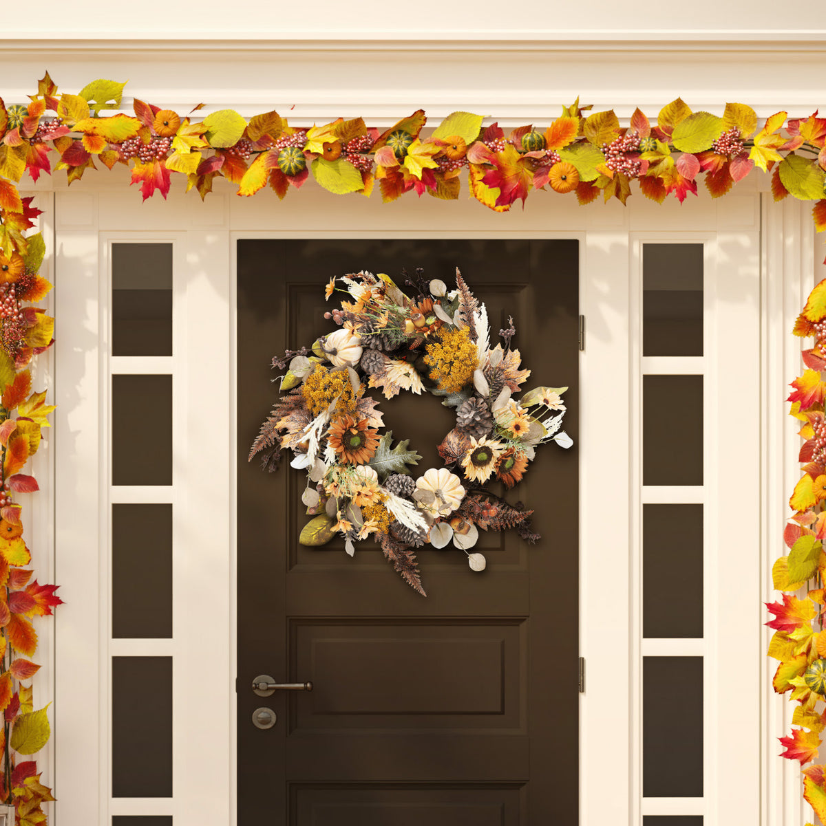 Faux 28 Inch Oak Leaf and Pumpkin Wreath with Pine Cones