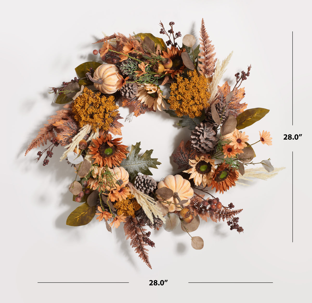 Faux 28 Inch Oak Leaf and Pumpkin Wreath with Pine Cones