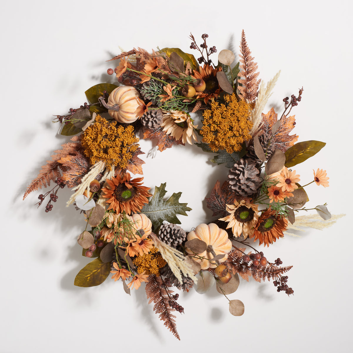 Faux 28 Inch Oak Leaf and Pumpkin Wreath with Pine Cones