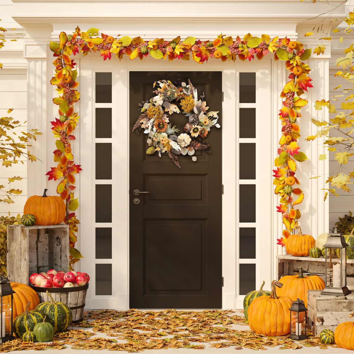 Faux 28 Inch Oak Leaf and Pumpkin Wreath with Pine Cones