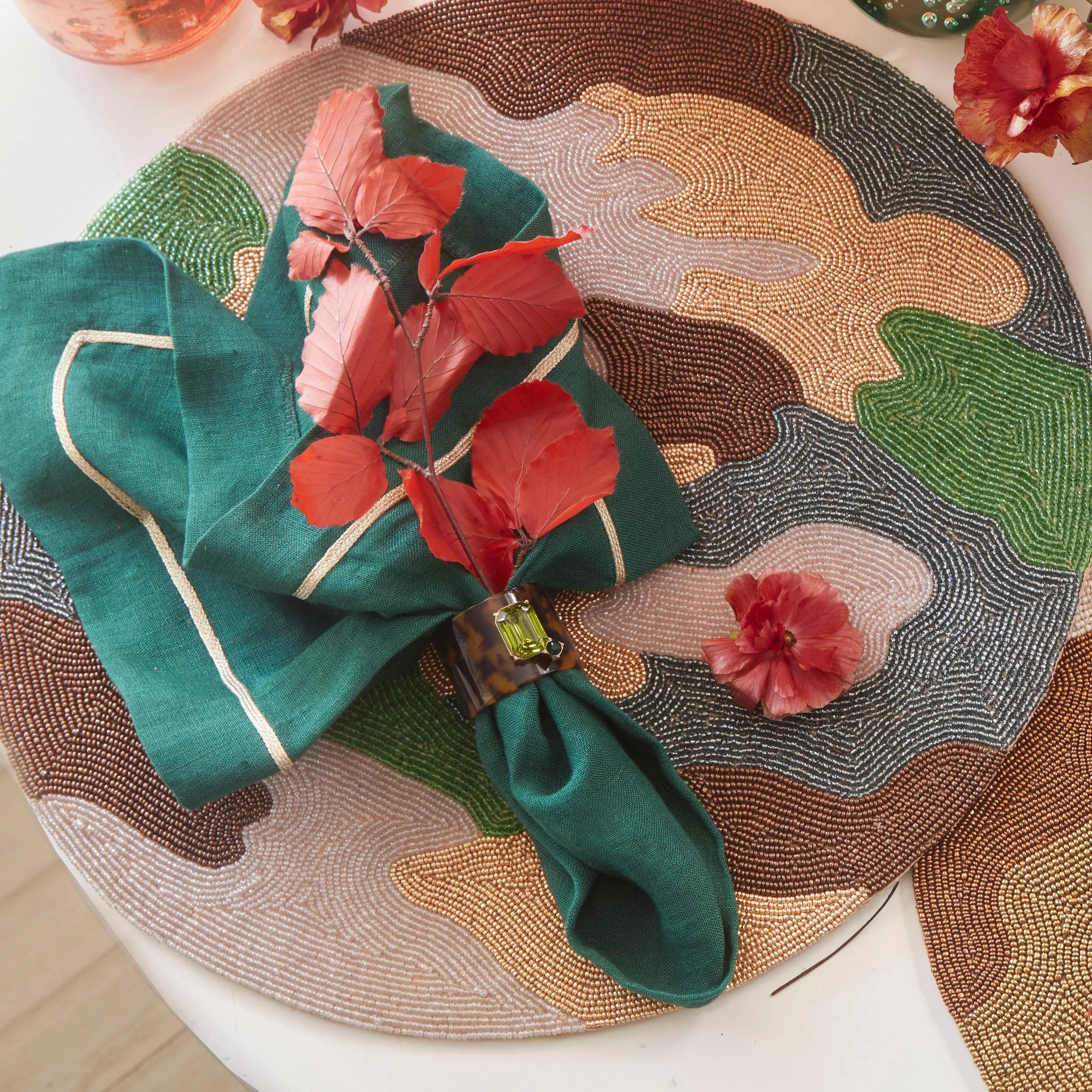 Gold trim dinner napkins, hunter green, set of two - The Mayfair Hall