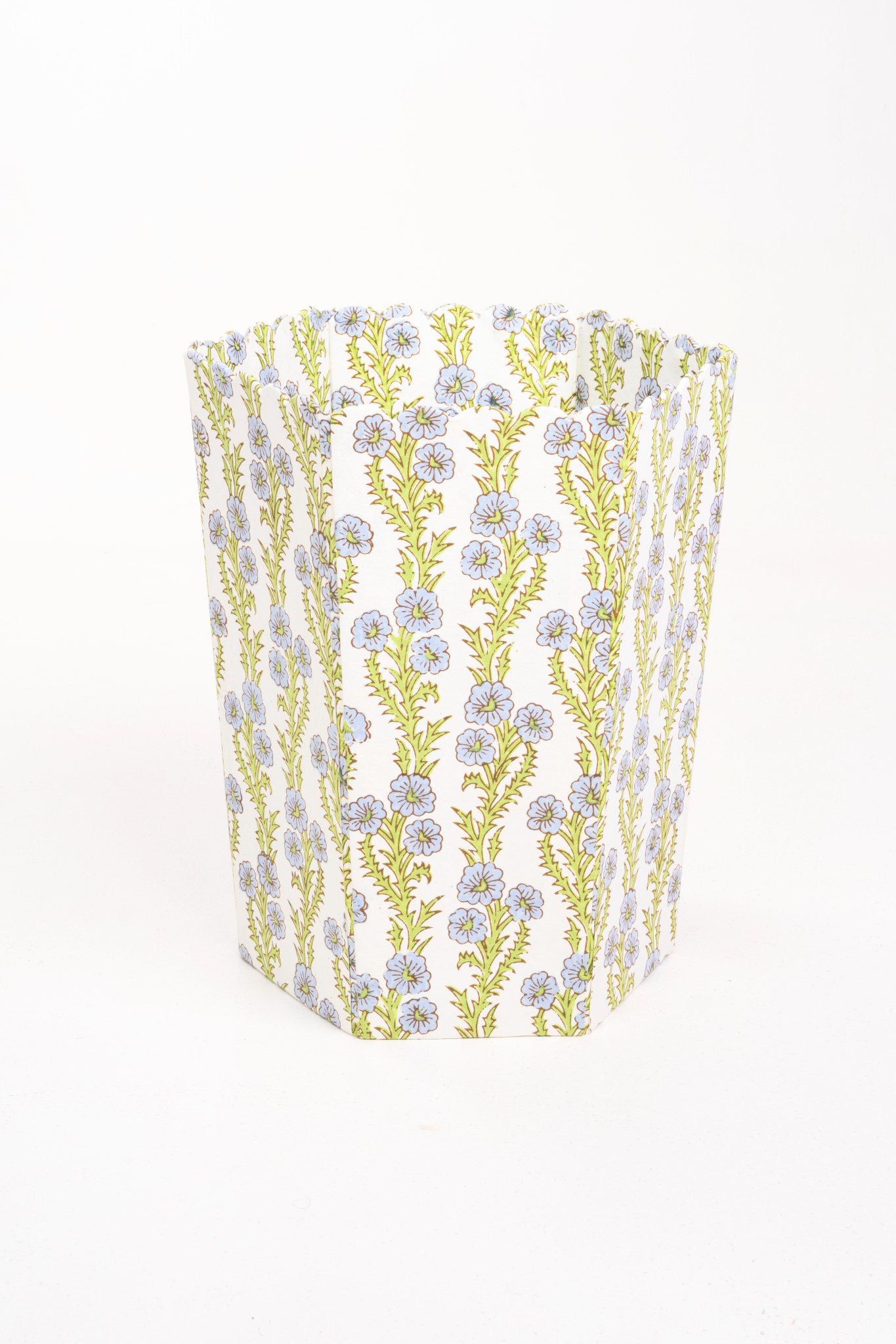 Scallop Waste Bin / Storage Bin in Forget Me Not Blockprint