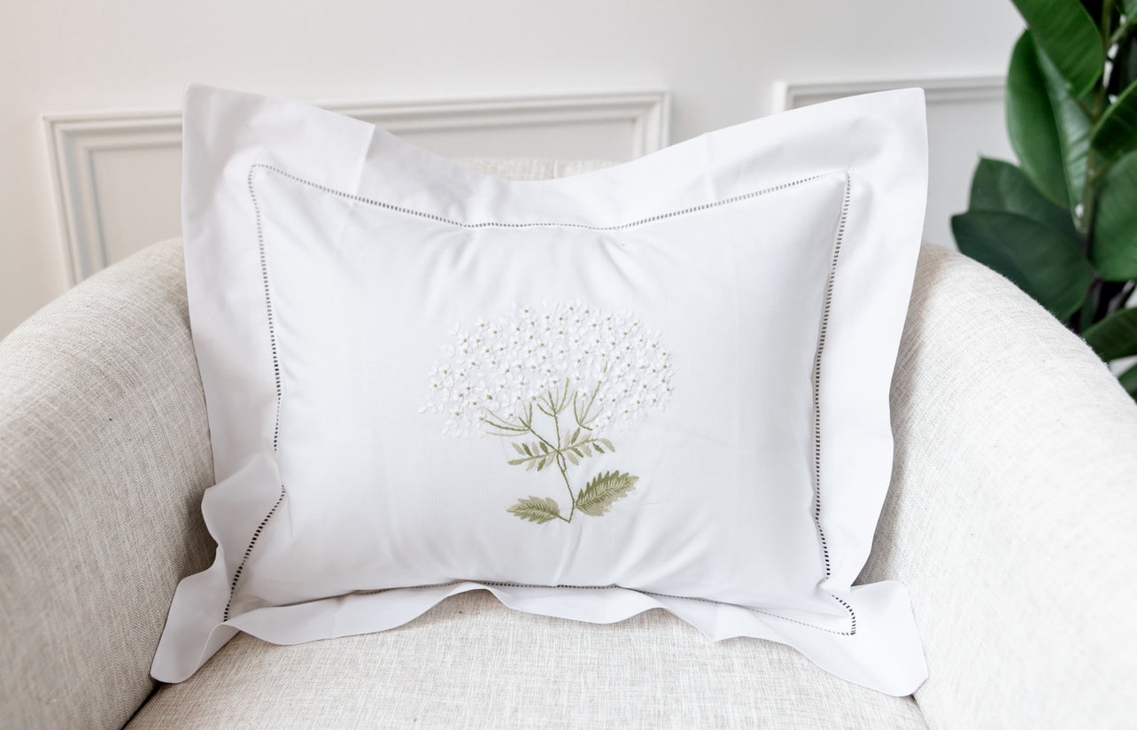 Boudoir Pillow Cover, Embroidered with Hem Stitch - Hydrangea (White)
