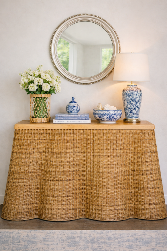 Natural Scalloped Wicker Console