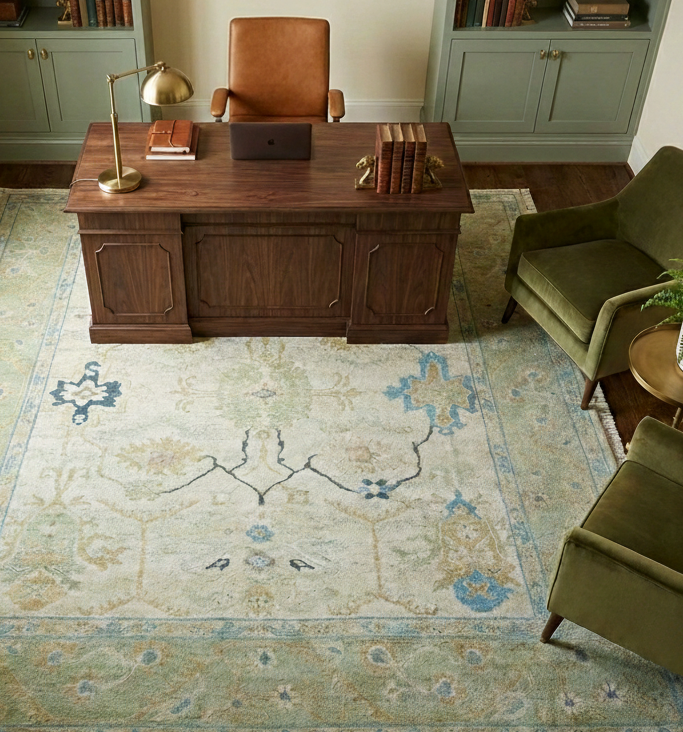 Custom Made Hand Knotted Beige and Blue Traditional Turkish Wool Rug