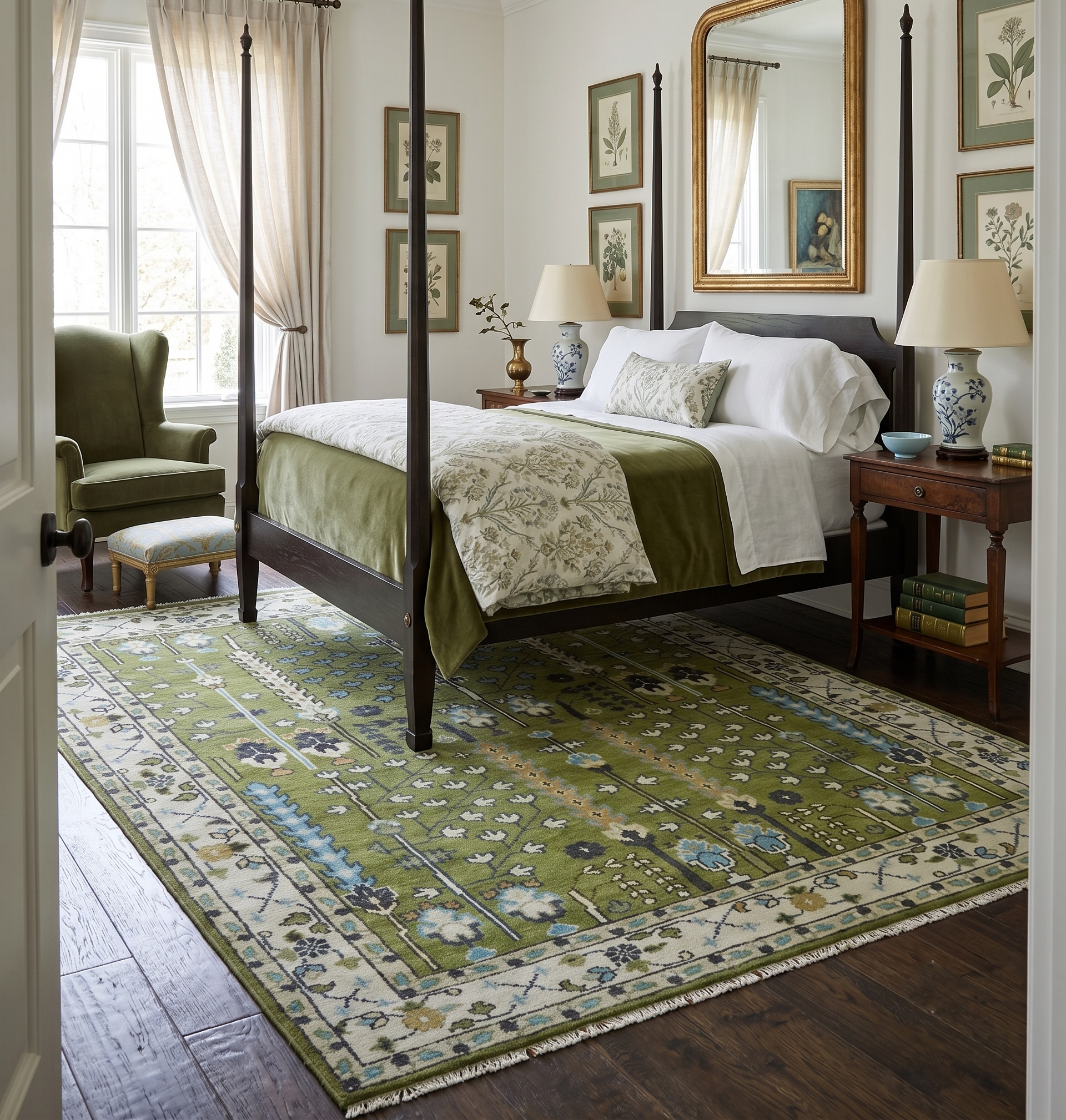 Hand Knotted Royal Green and Ivory Traditional Turkish Style Tree Of Life Multi Size Wool Area Rug
