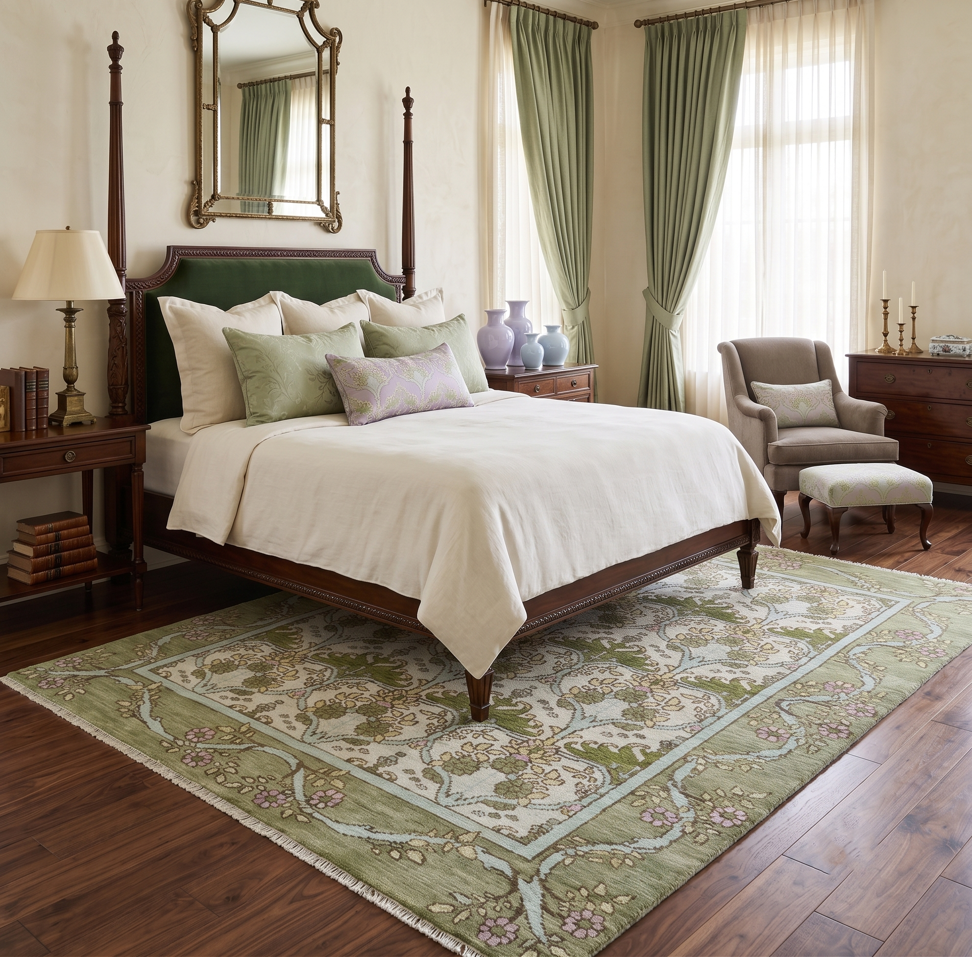Custom Made Hand Knotted Ivory and Green Floral Traditional Style Wool Area Rug