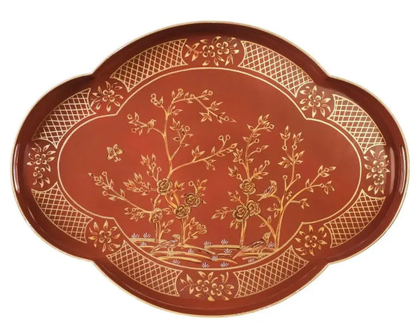 Incredible Chinoiserie Rusty Red & Gold Scalloped Tray - The Mayfair Hall