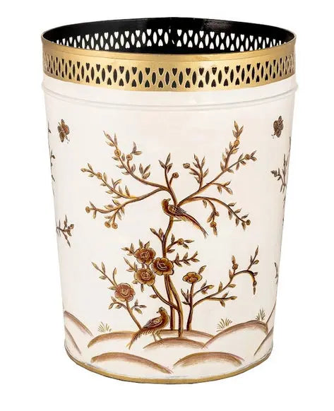 Fabulous New Chinoiserie Wastepaper Basket in Ivory/Gold - The Mayfair Hall