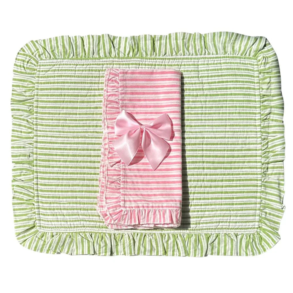 Green Stripes - Quilted Placemats with Ruffle - Set of 4 - The Mayfair Hall