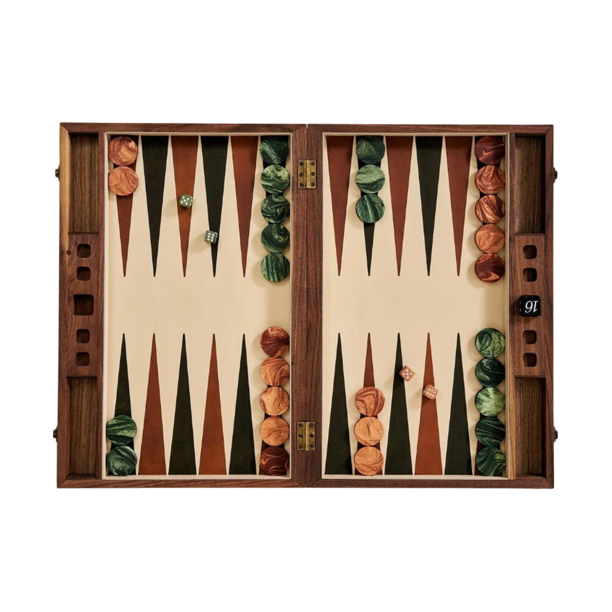 Walnut and Leather Backgammon Set by House of Leon — open board with green and brown playing pieces