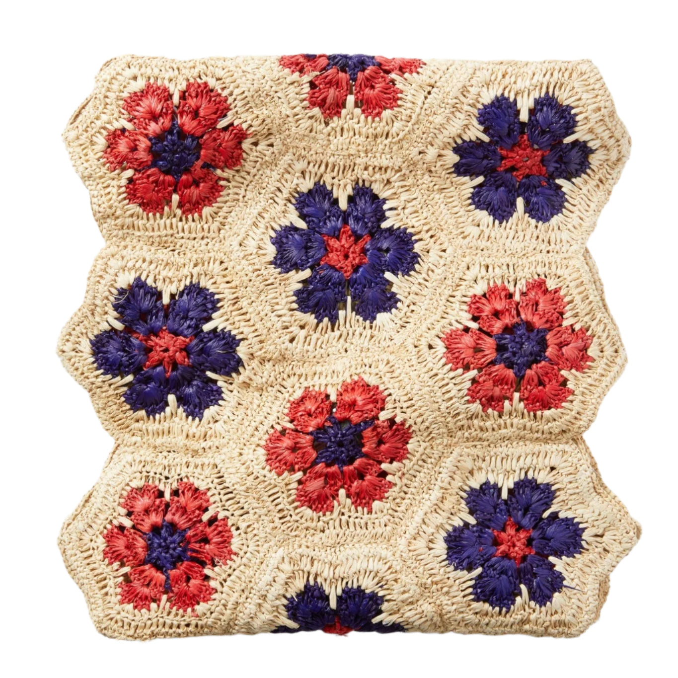 🇺🇸 Handwoven Americana Flower Table Runner & Scalloped Placemat – Payton James x Tuckernuck – Boho Style, Red & Blue Flowers, Natural Raffia