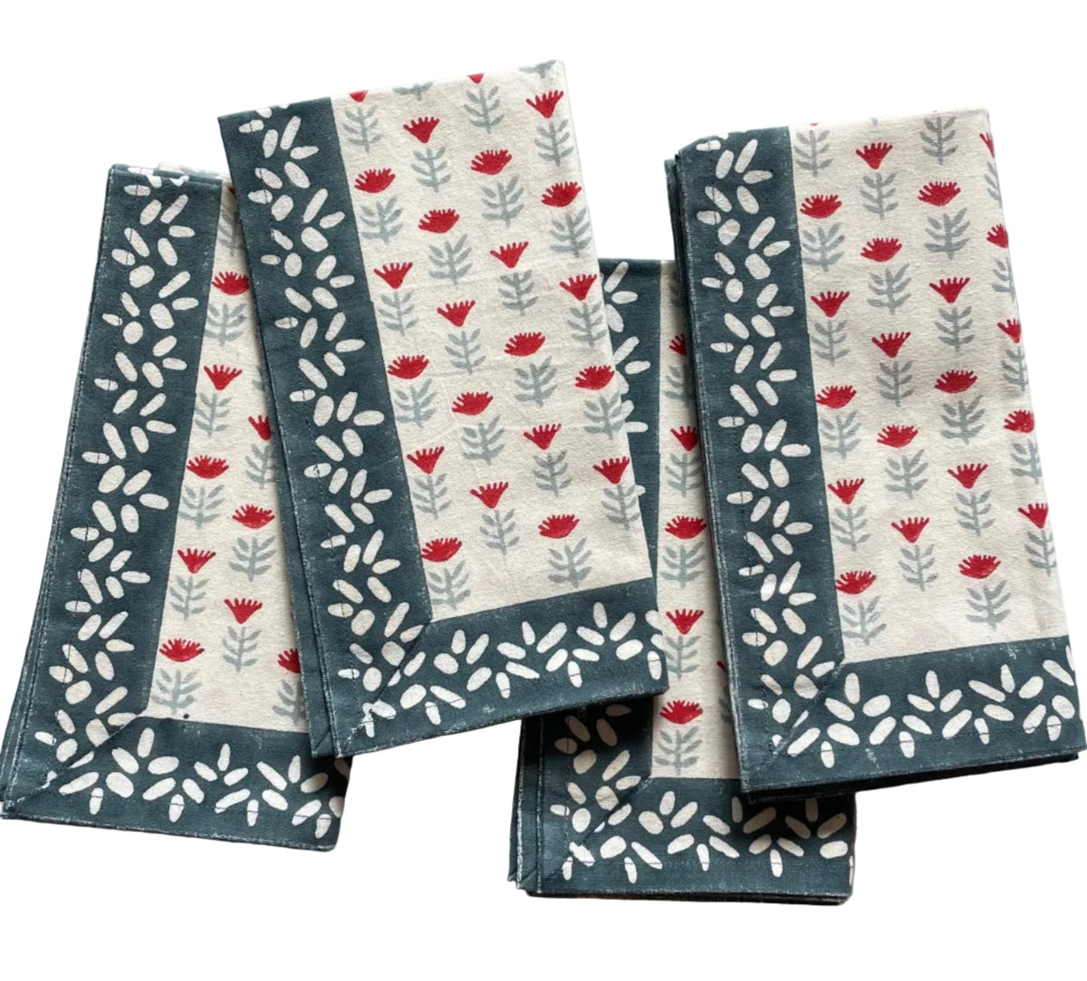 Claire Poppy Block-Printed Cotton Dinner Napkins - Set of 4 — overall product view