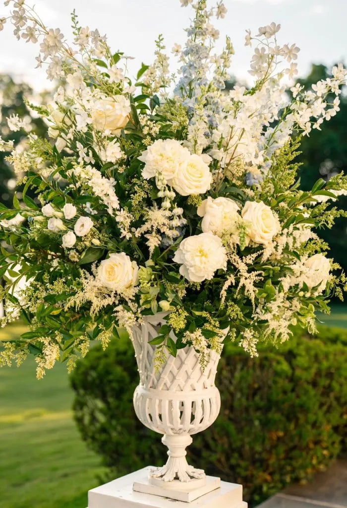 White CAST ALUMINUM FRETWORK URN and Pedestal