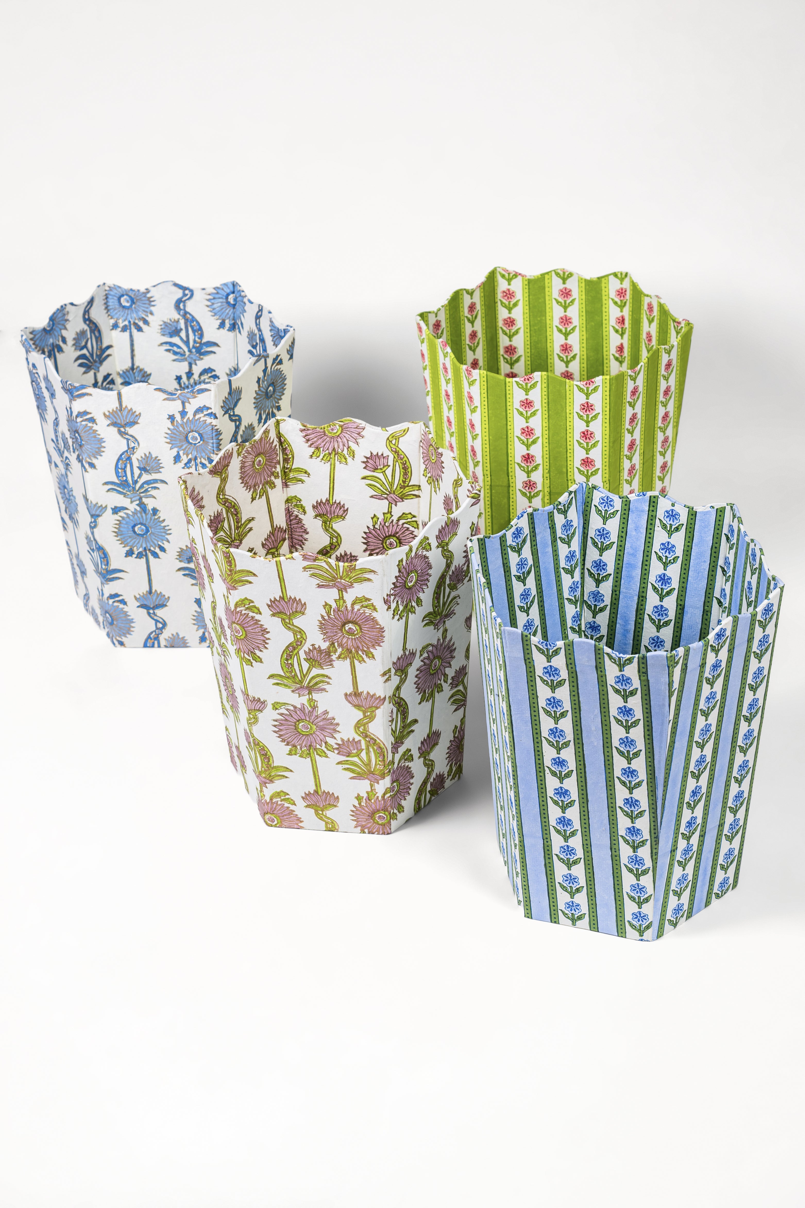 Floral Vines Blockprint Scallop Waste Bin / Storage Bin in Blue