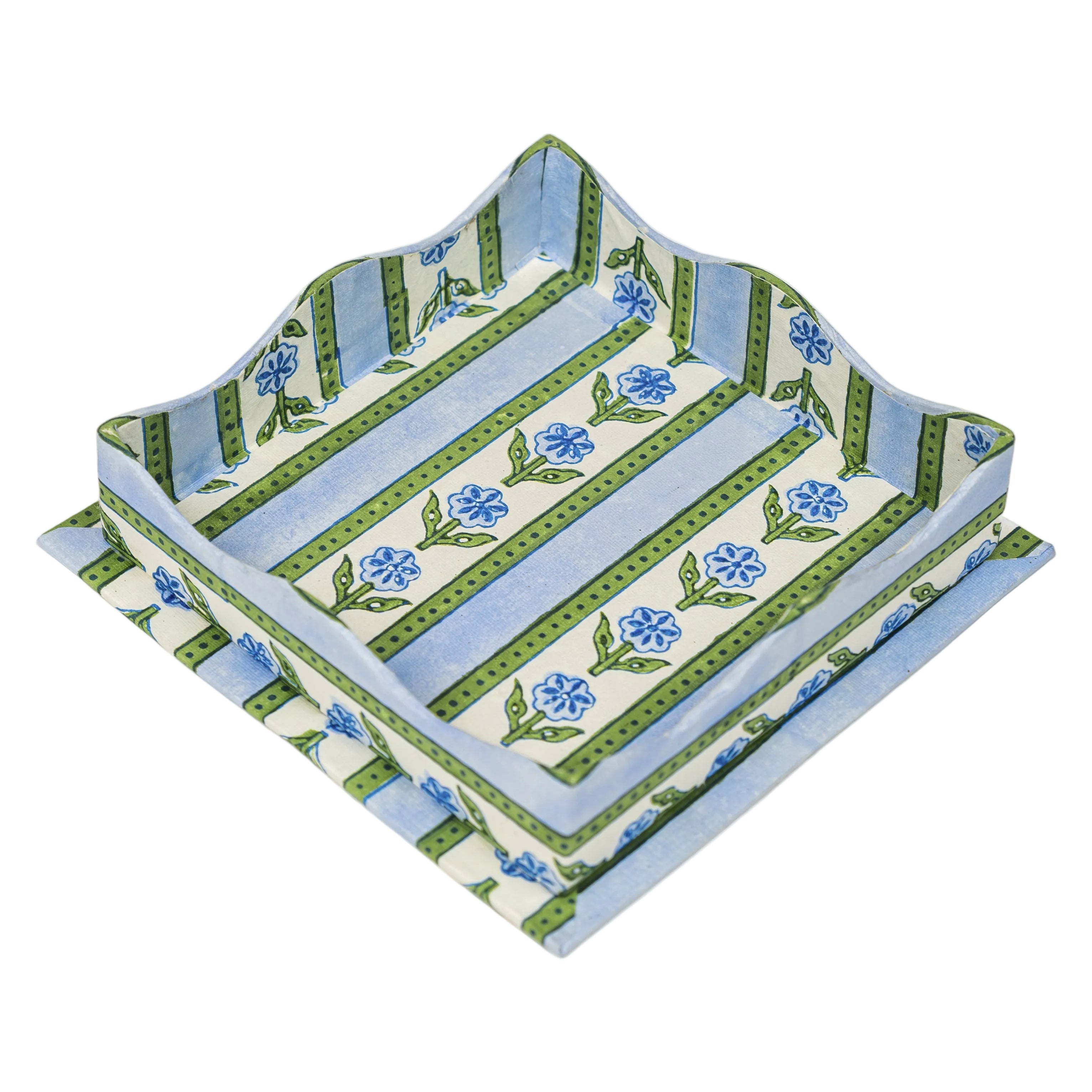 Nesting Scalloped Cotton Garden Blockprint Trays in Blue