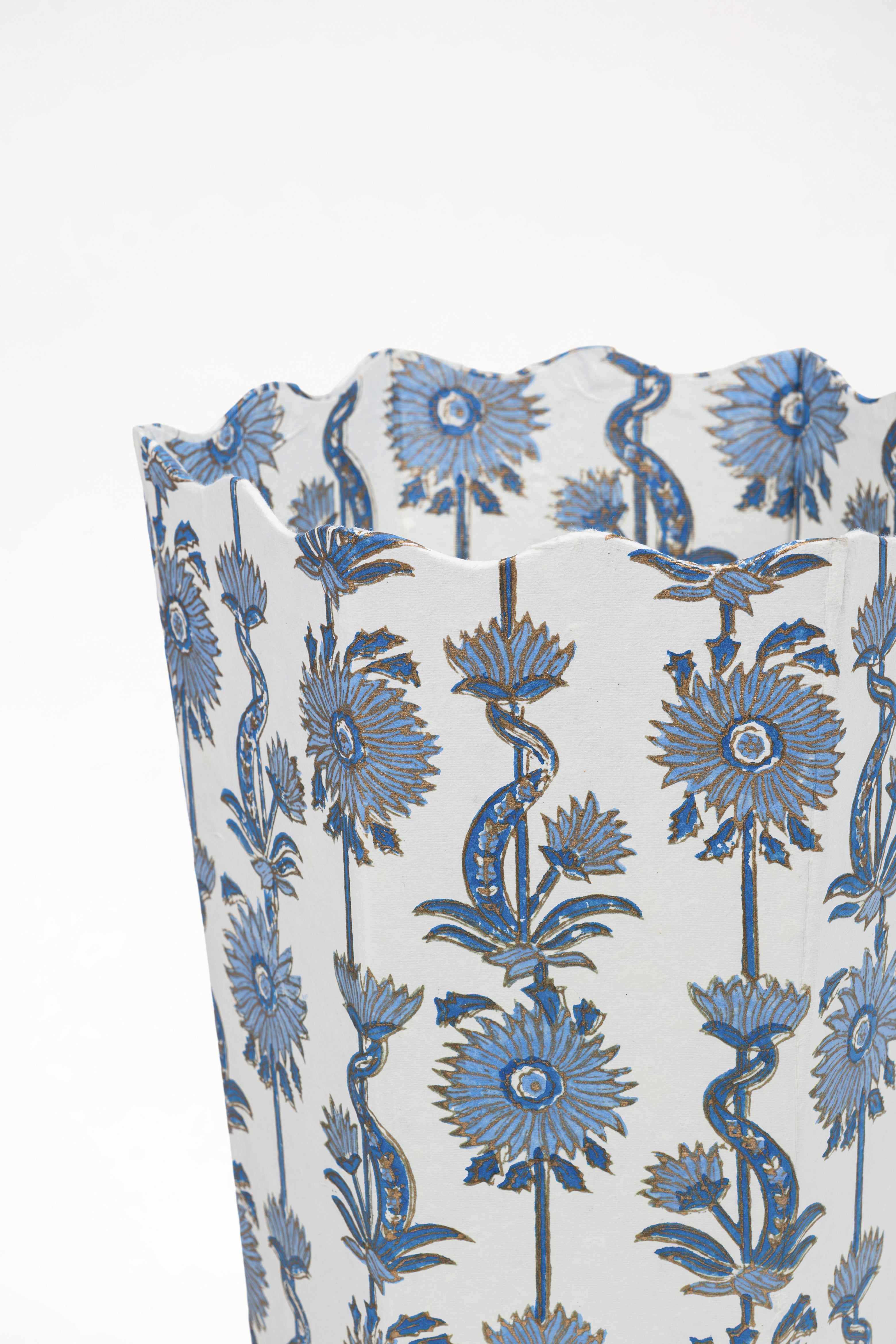 Floral Vines Blockprint Scallop Waste Bin / Storage Bin in Blue