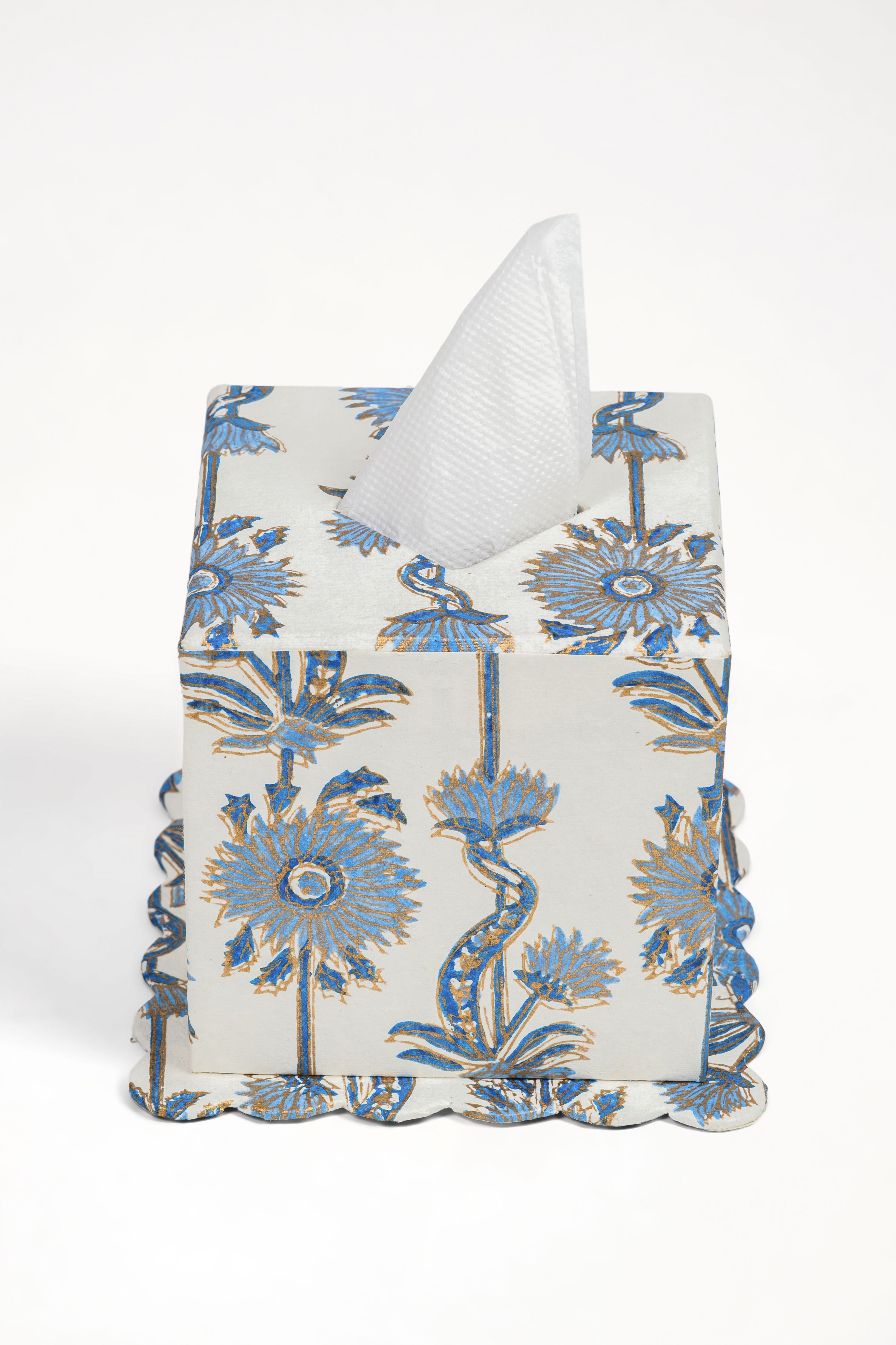 Floral Vines Blockprint Scallop Tissue Box Cover in Blue