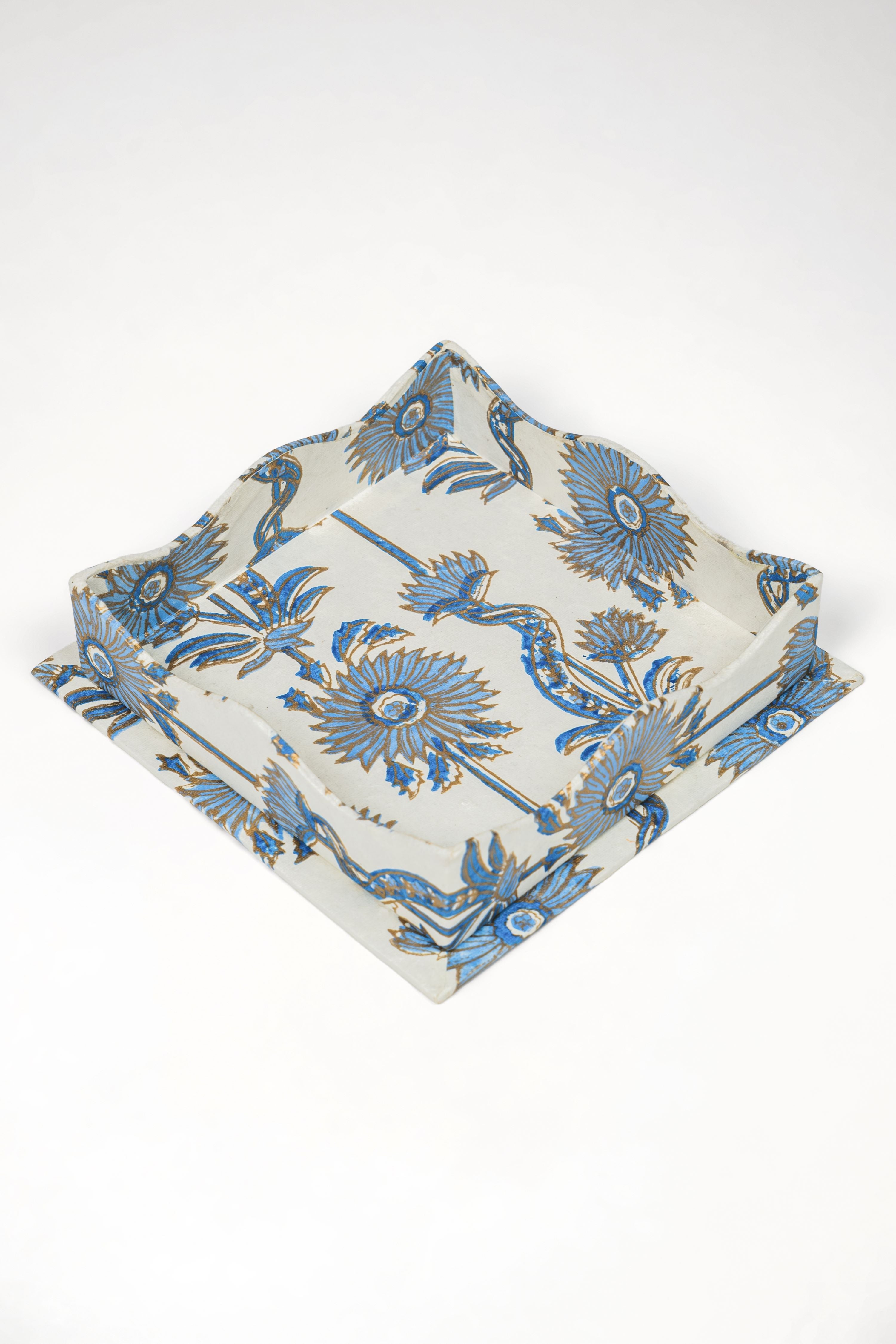 Nesting Scalloped Floral Vines Blockprint Trays in Blue