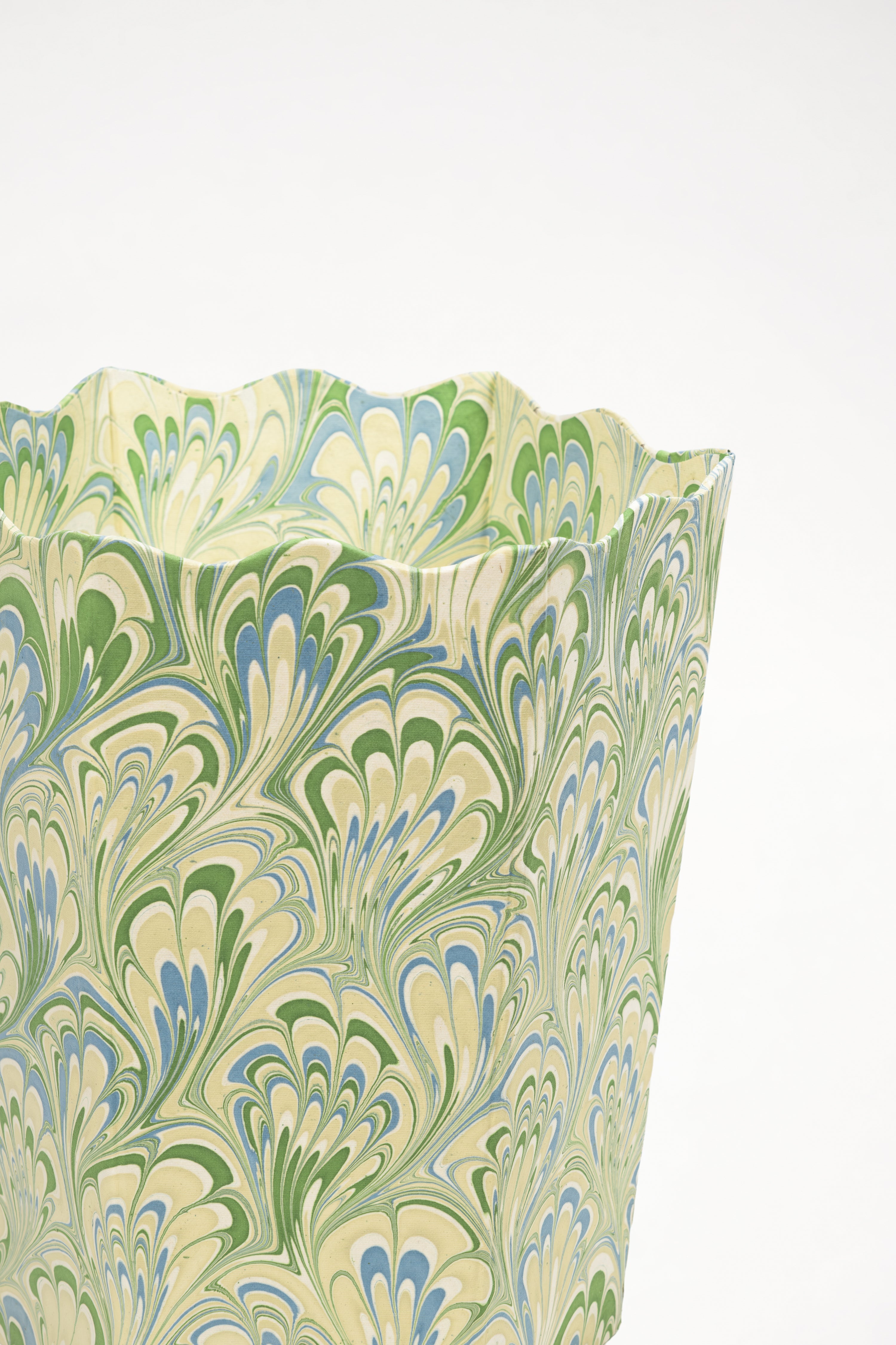 Hand-Marbled Scallop Waste Bin / Storage Bin in Seaglass Peacock