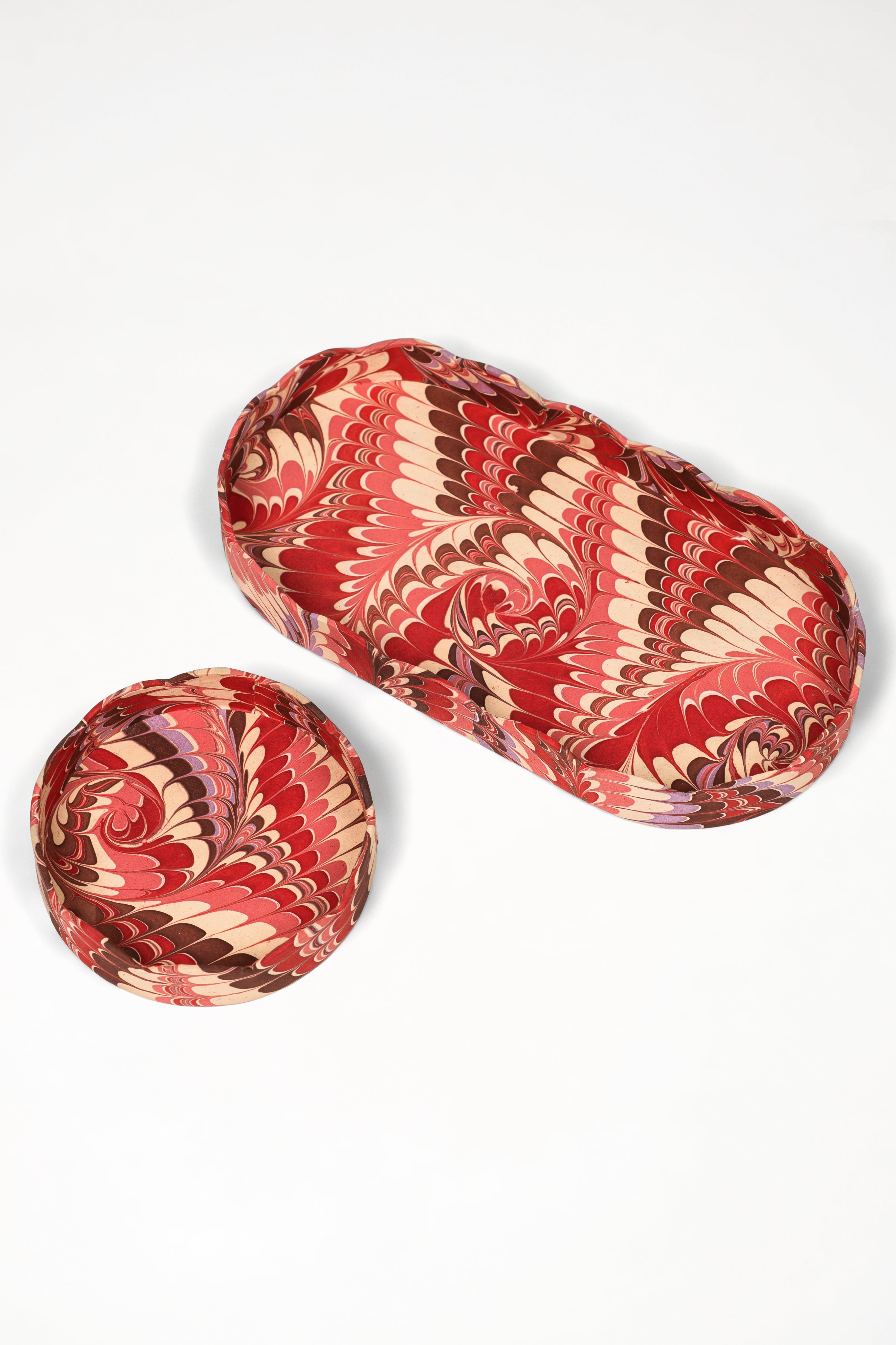 Nesting Scalloped Hand-Marbled Oval Desk Tray Set in Florentine Pink