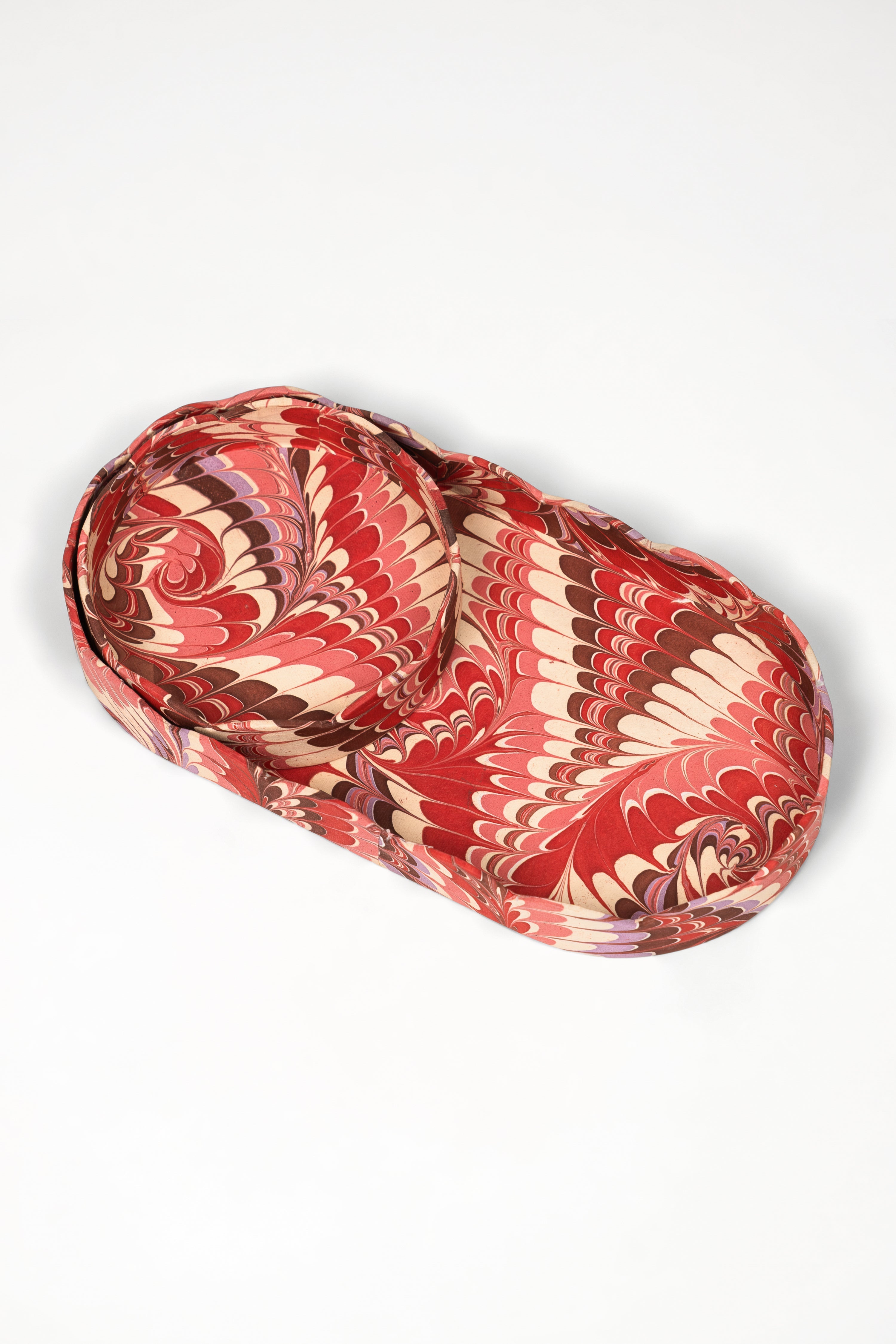 Nesting Scalloped Hand-Marbled Oval Desk Tray Set in Florentine Pink