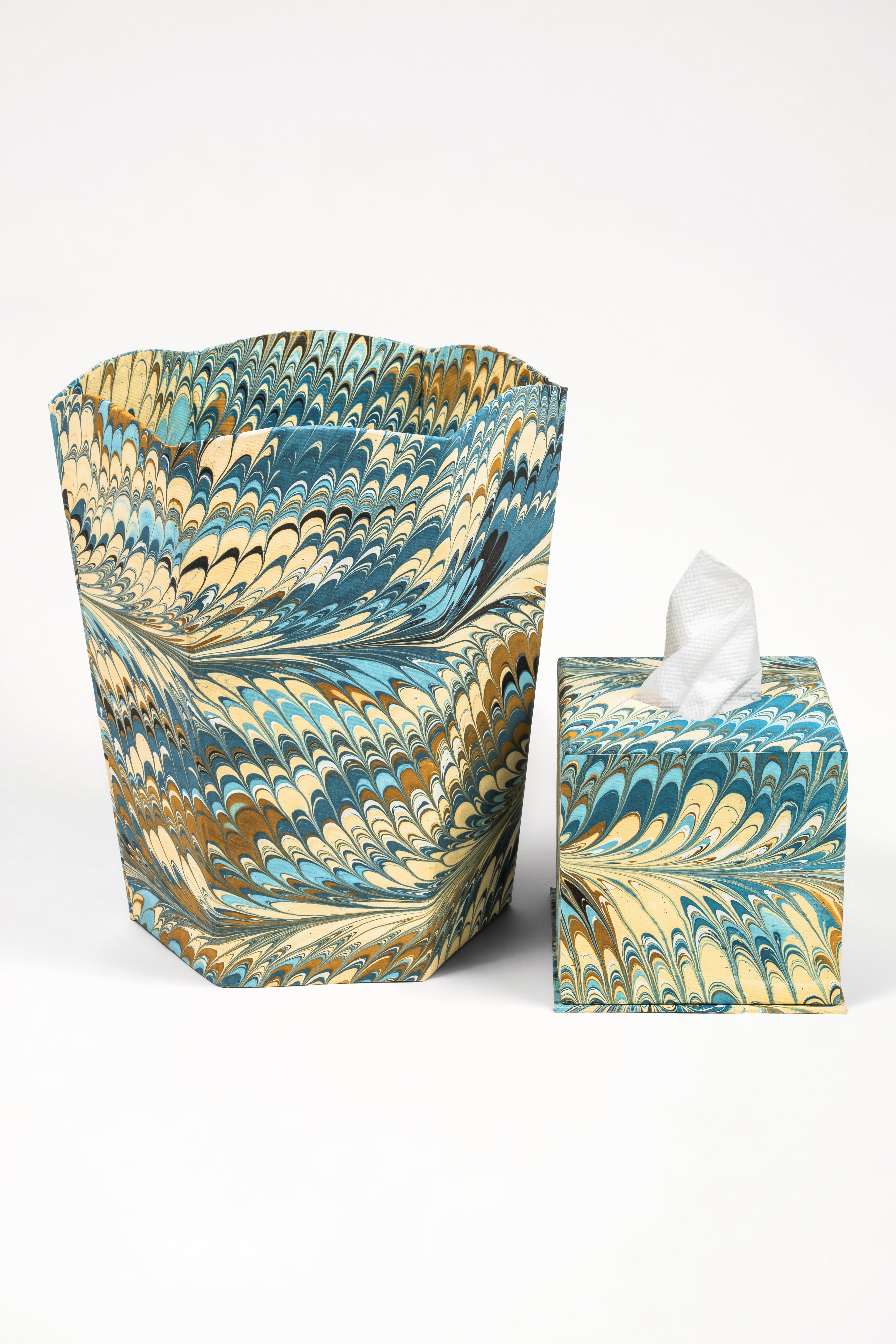 Hand-Marbled Scallop Waste Bin / Storage Bin in Nila Feathers