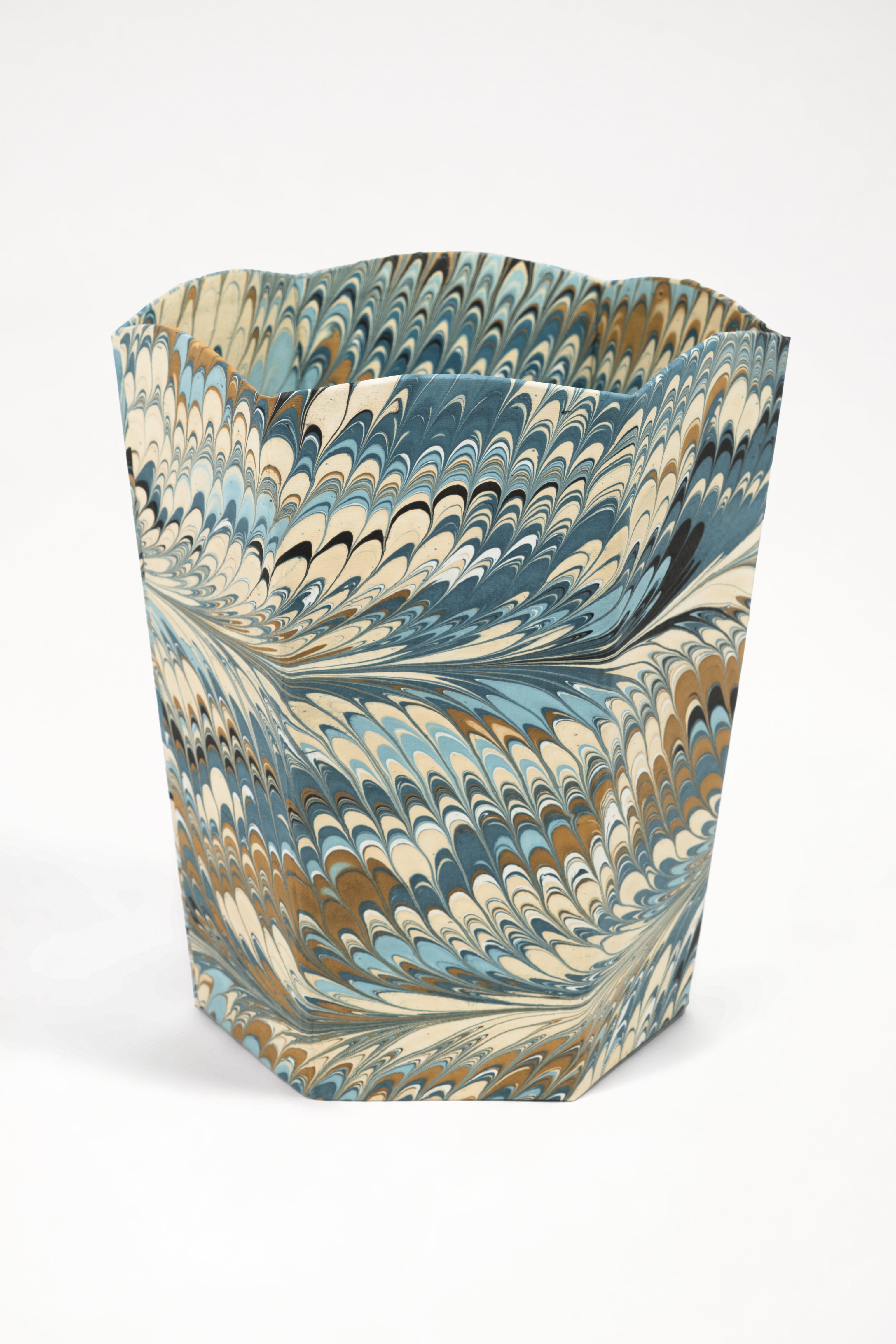 Hand-Marbled Scallop Waste Bin / Storage Bin in Nila Feathers