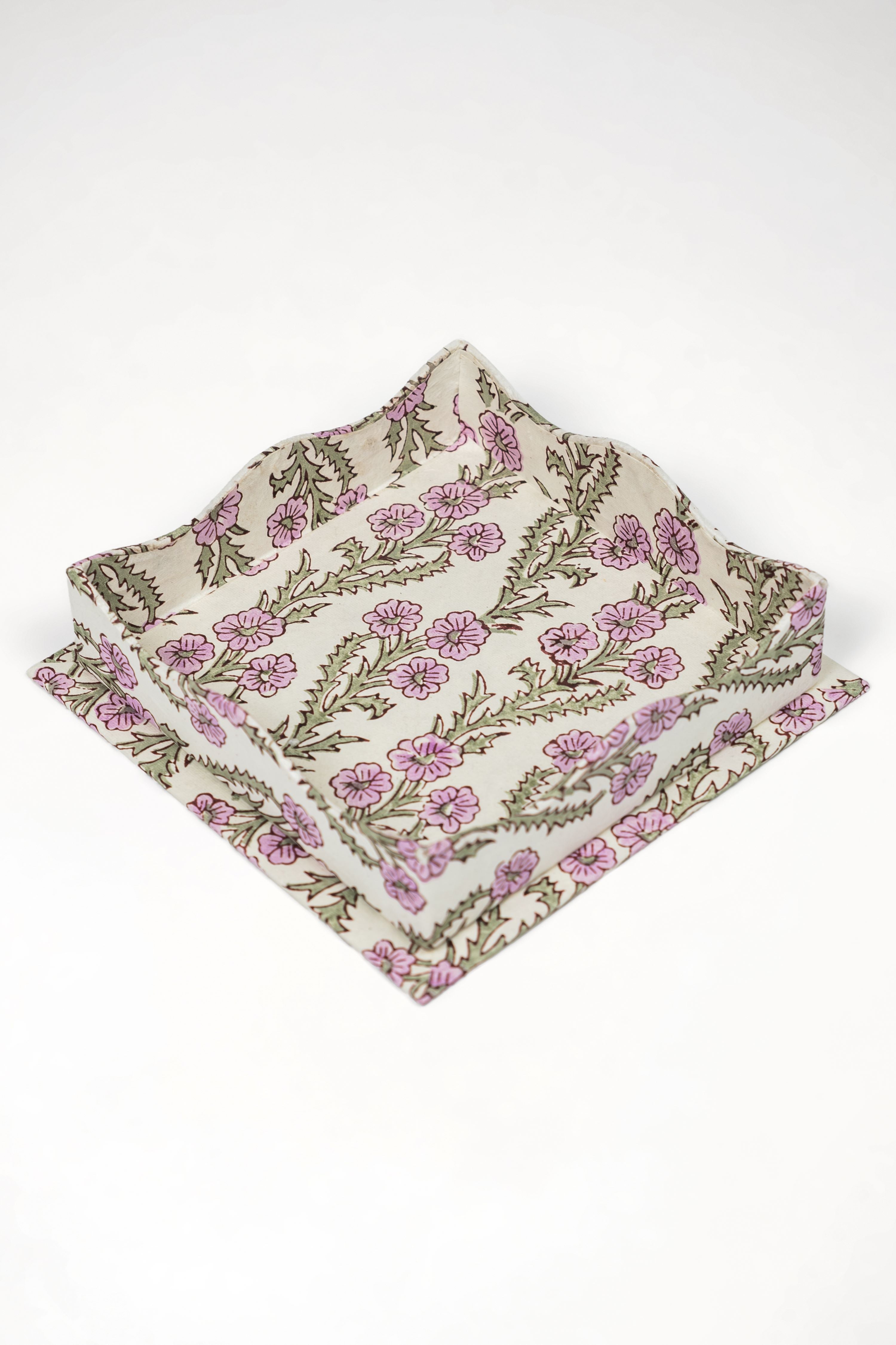 Nesting Scalloped Blockprint Trays in Purple Forget-Me-Not