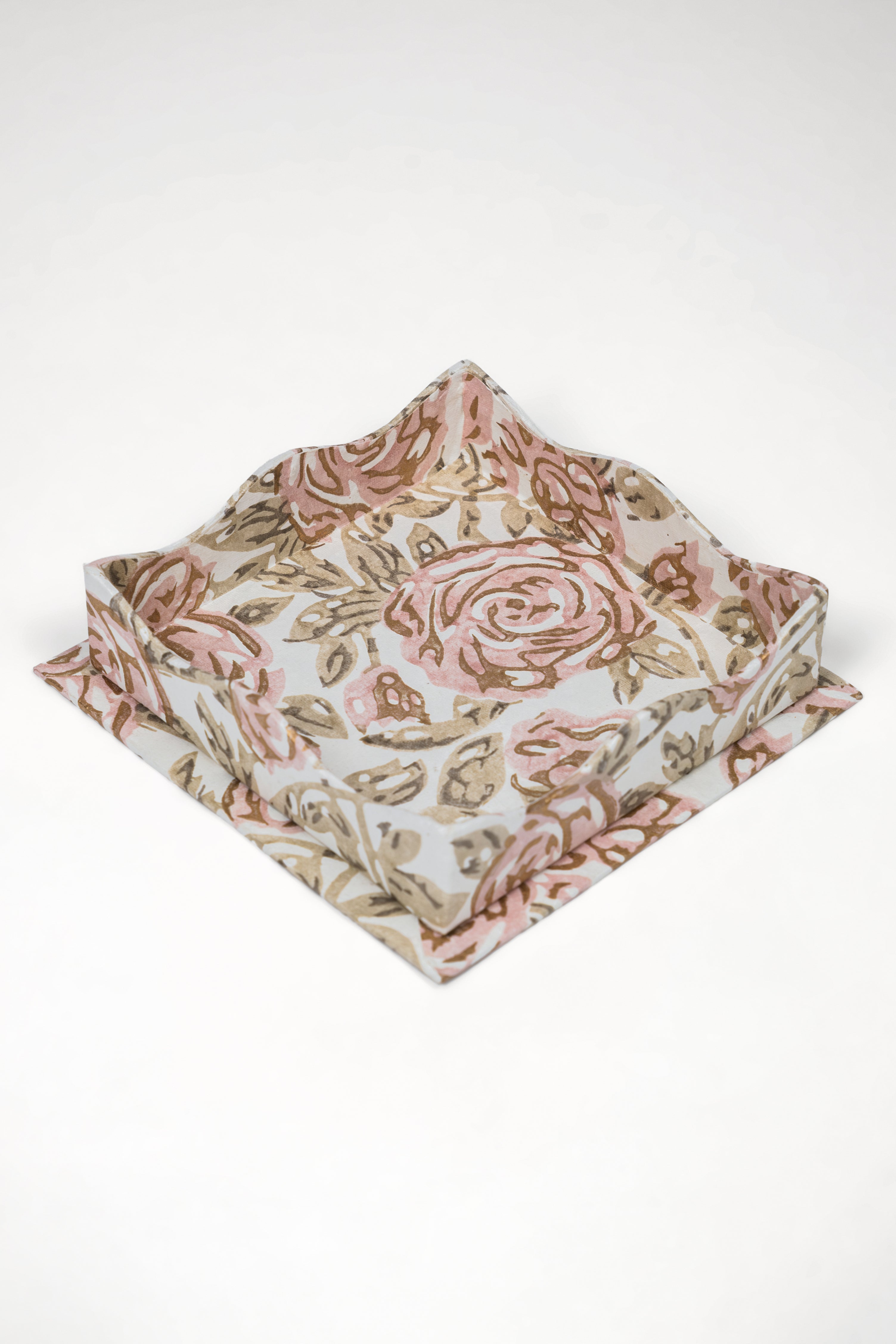 Nesting Scalloped Blockprint Trays in Rose Garden