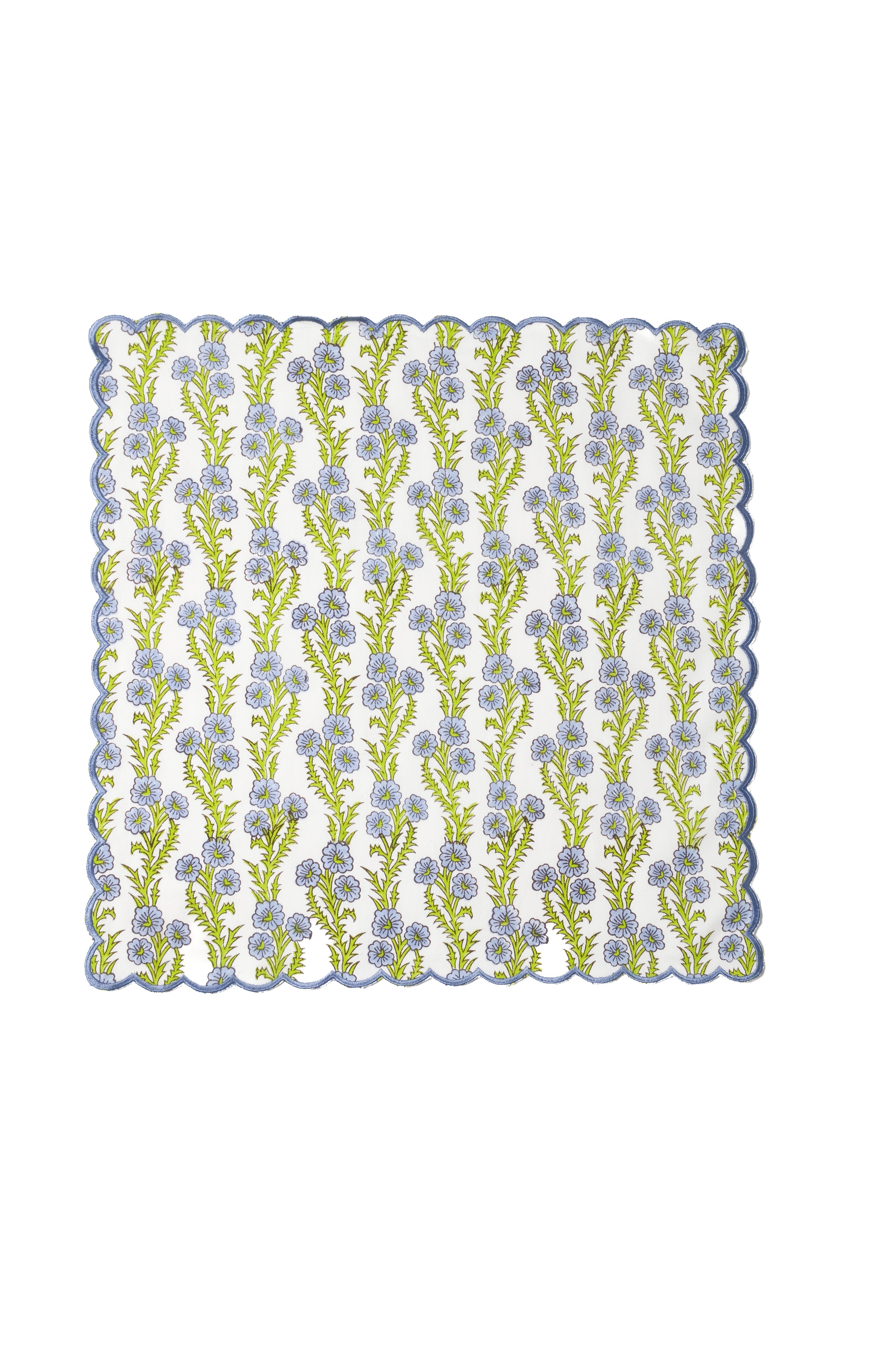 Forget-Me-Not Scallop Embroidered Blockprint Napkins, Set of 4