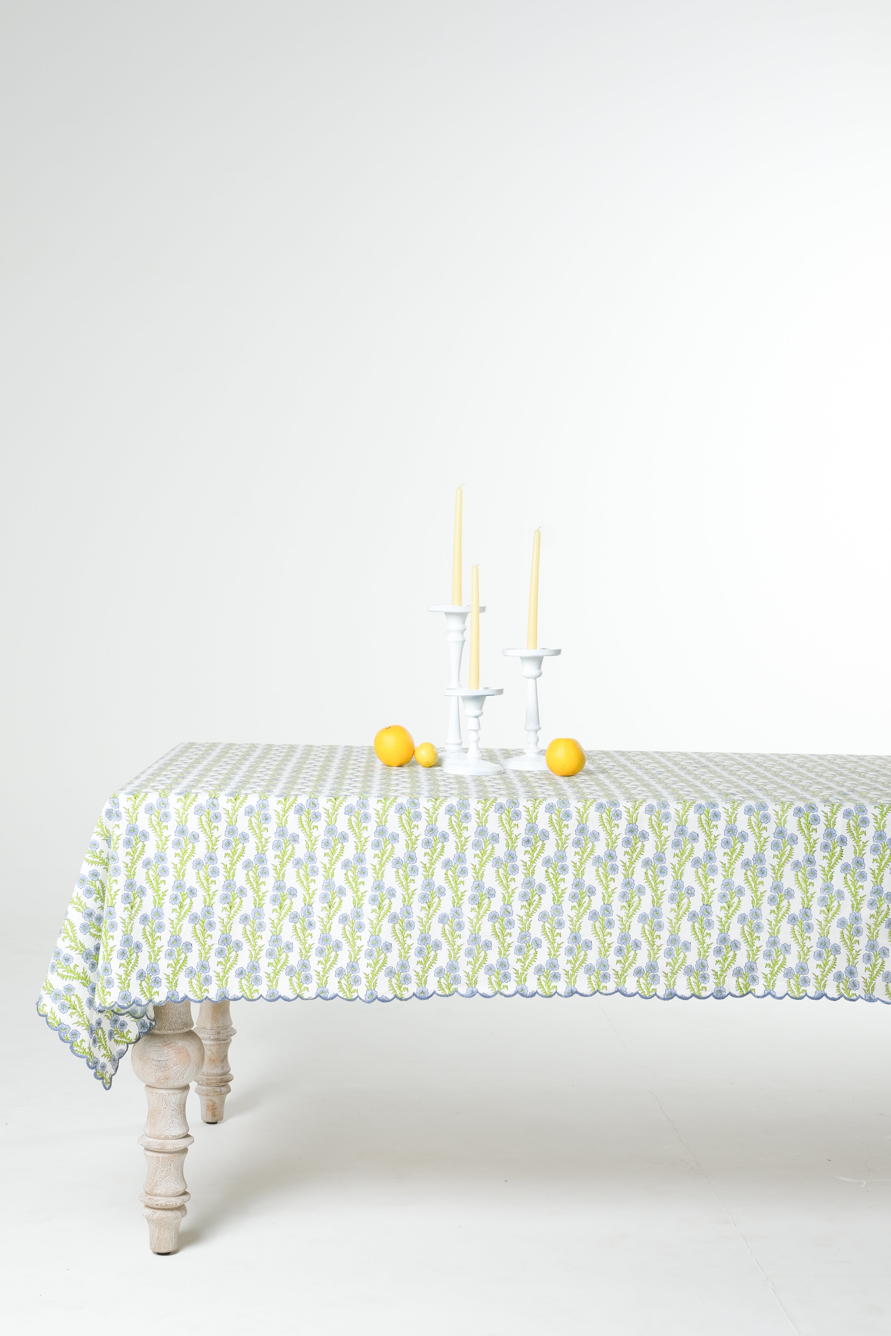 Forget-Me-Not Scallop Embroidered Blockprint Tablecloth