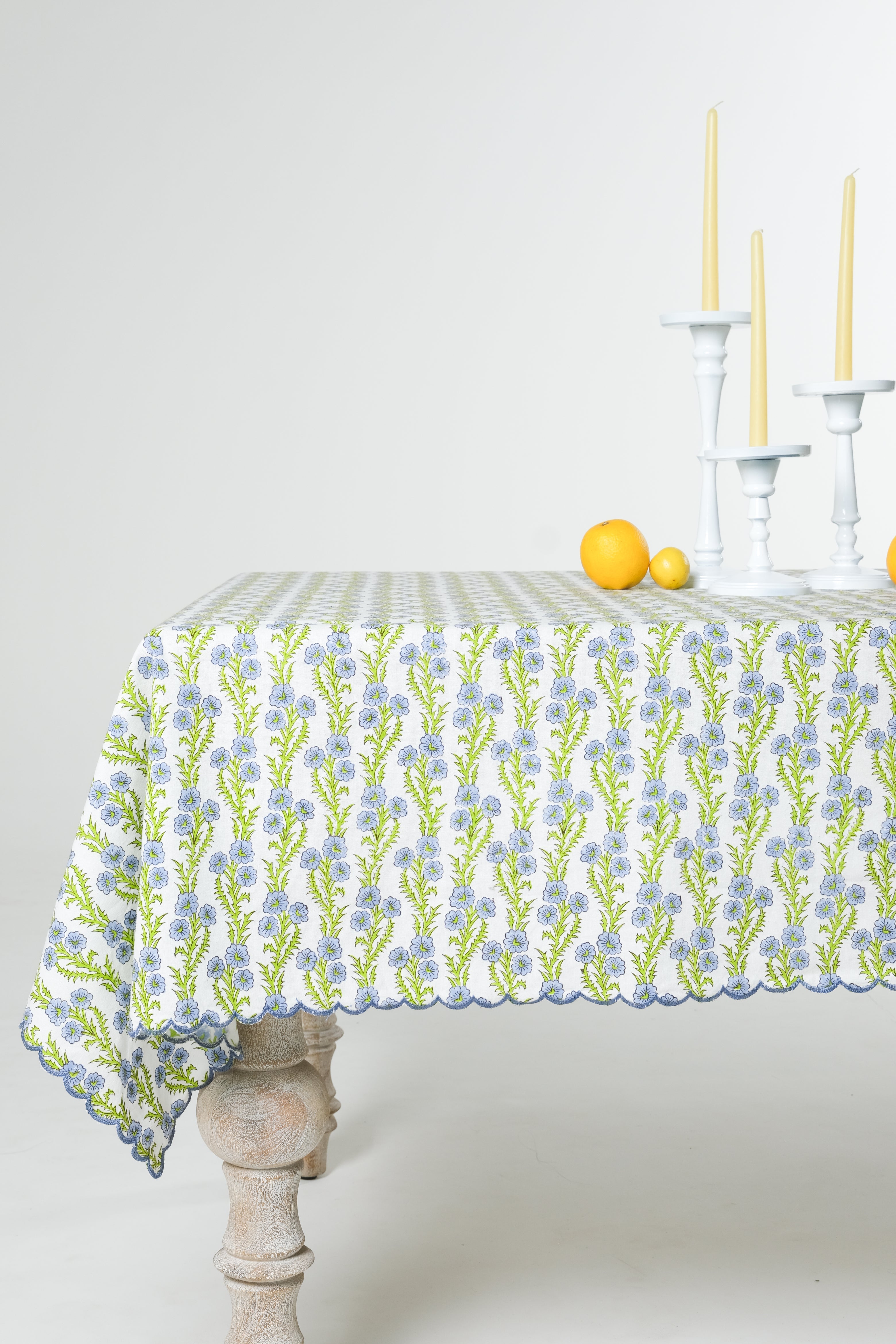 Forget-Me-Not Scallop Embroidered Blockprint Tablecloth
