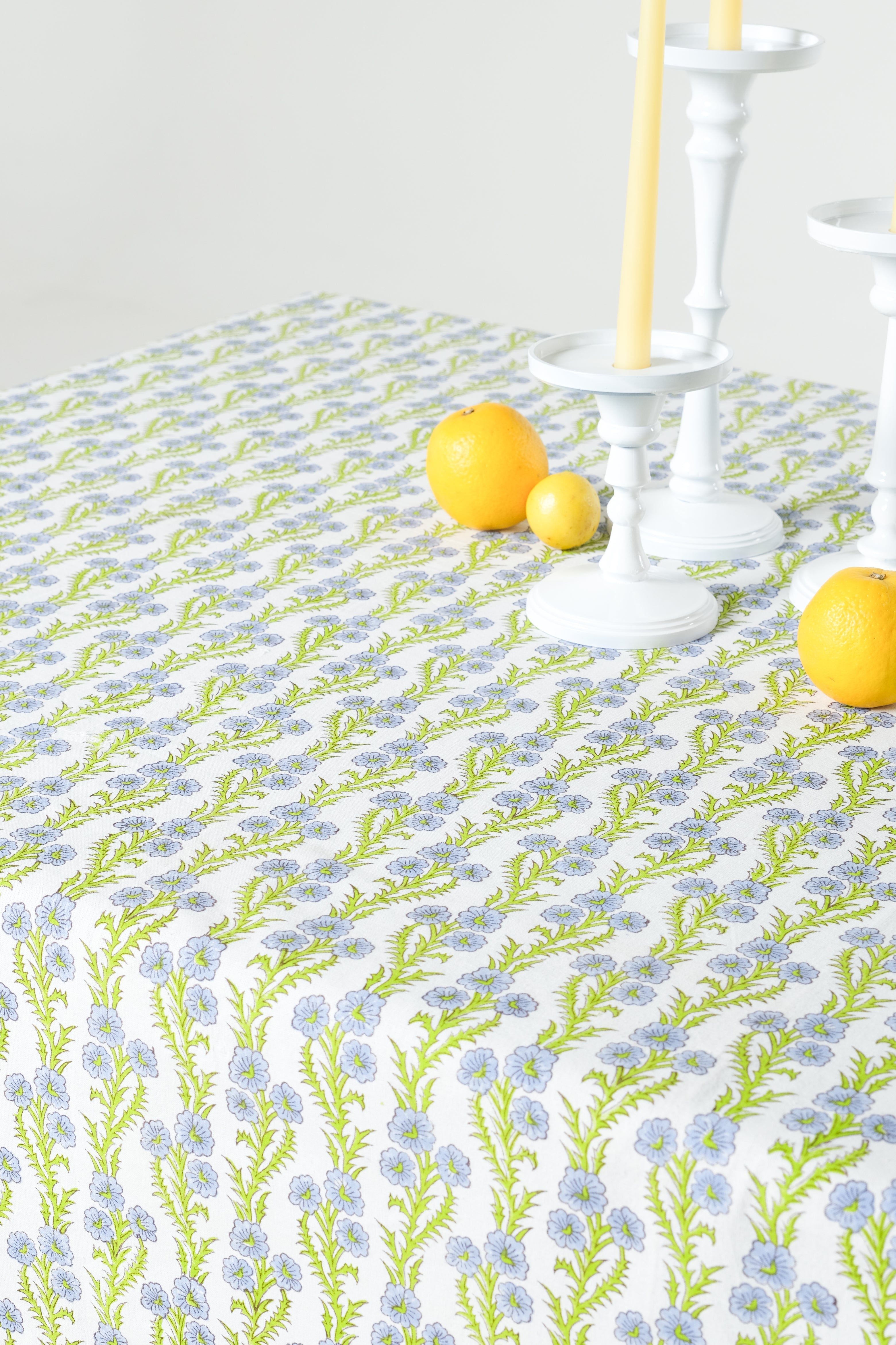 Forget-Me-Not Scallop Embroidered Blockprint Tablecloth