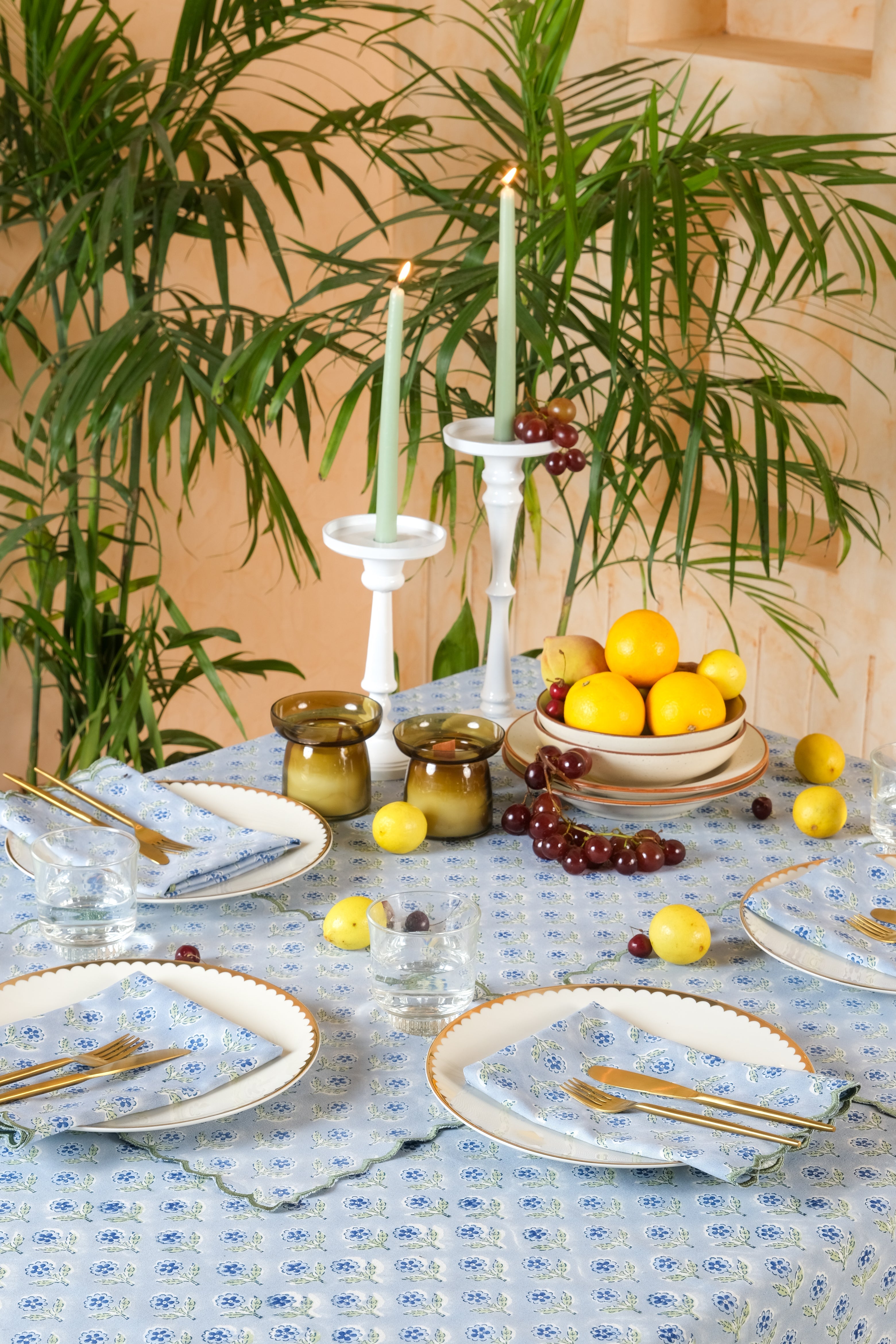 Mona Scallop Embroidered Blockprint Tablecloth in Blue
