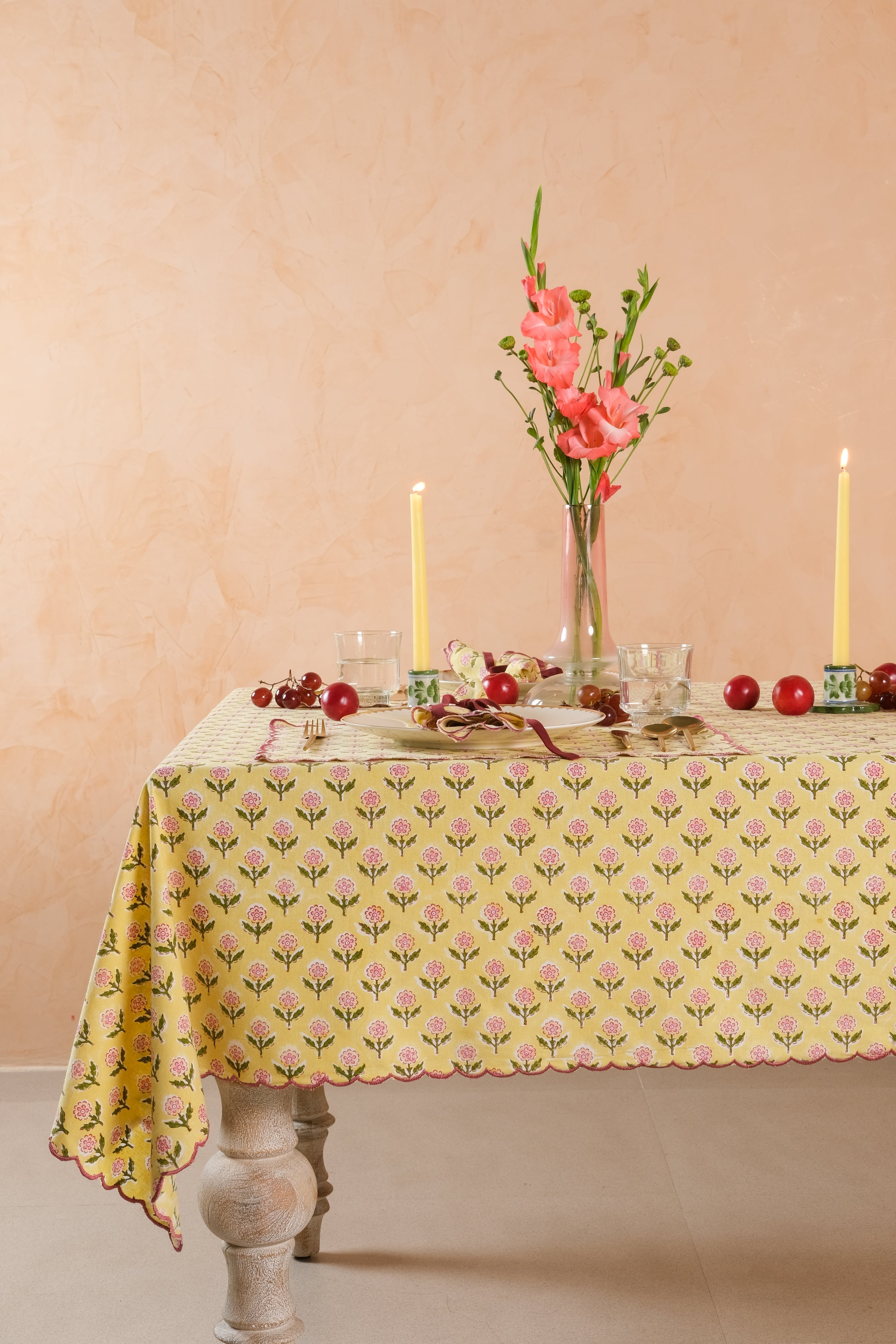 Mona Scallop Embroidered Blockprint Tablecloth in Butter Yellow