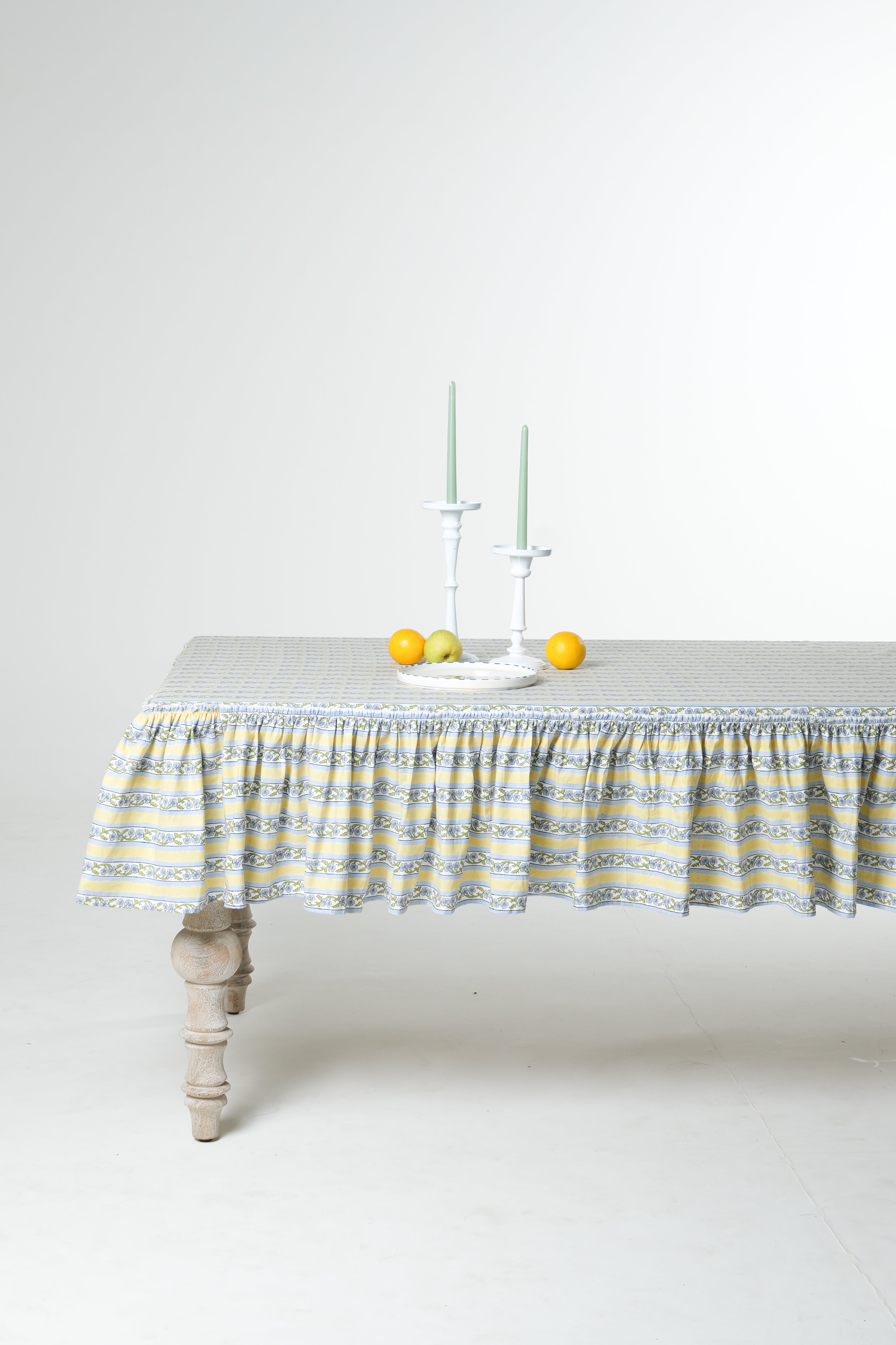 Provence Ruffled Blockprint Tablecloth in Butter Yellow