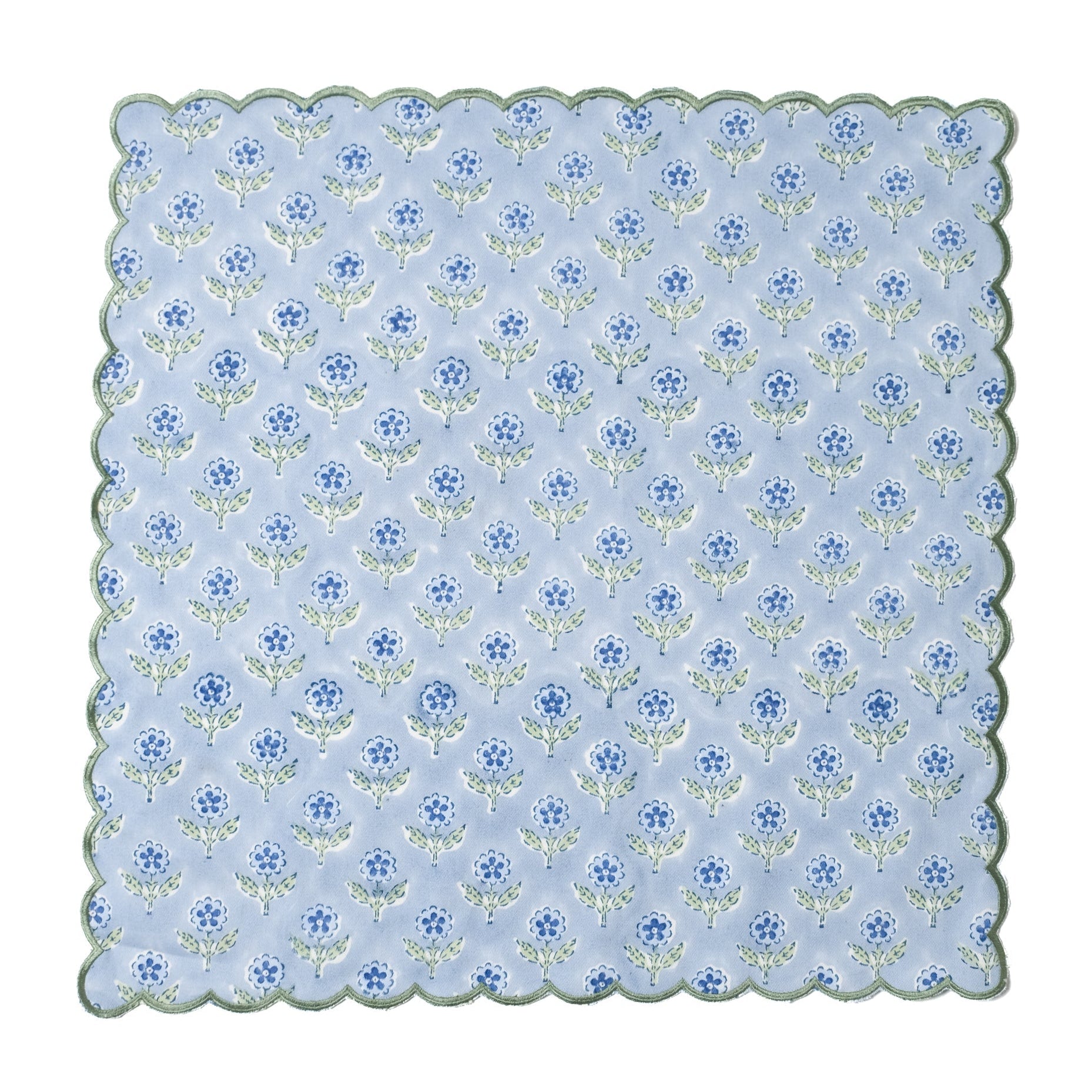 Mona Scallop Embroidered Blockprint Napkins in Blue, Set of 4